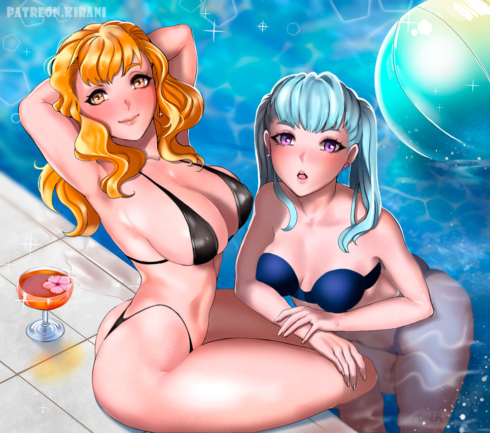 2girls, alternate version available, beach ball, bikini, bikini bottom, bikini top, black clover, blue hair, blush, breasts, female, female only, hands behind head, kirani, large breasts, leaning on person, long hair, looking at viewer, mimosa vermillion, multiple females, multiple girls, nipples visible through clothing, noelle silva, open mouth, orange hair, partially submerged, plump lips, pool, poolside, smile, thick thighs, thighs, twintails, two piece swimsuit, water, watermark