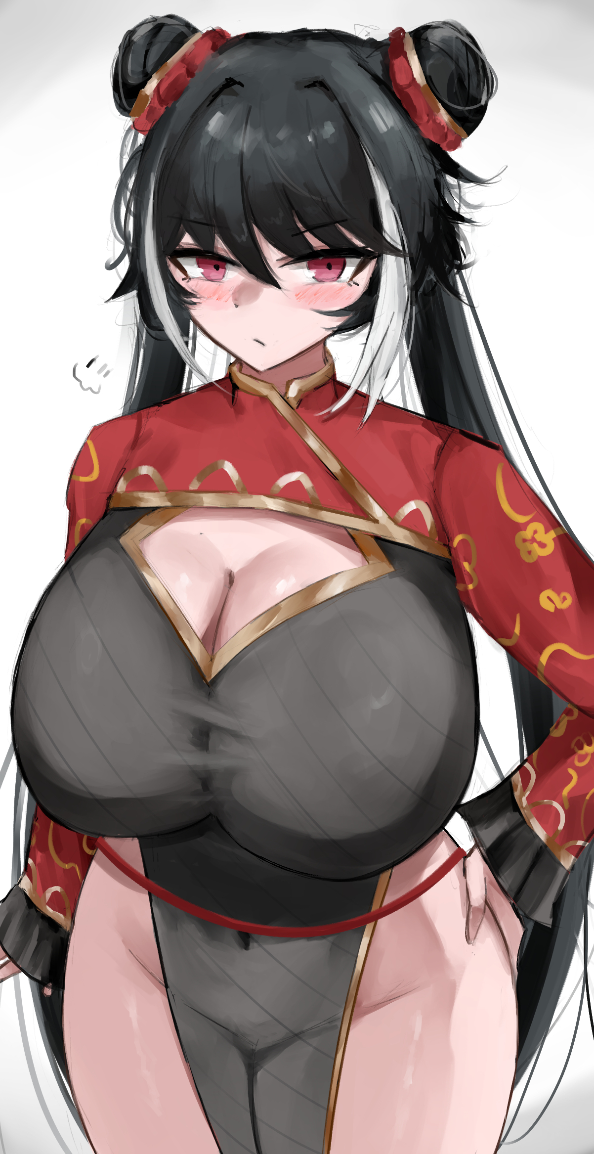 1girls, alternate breast size, black hair, blush, breasts, busty, chinese clothes, cleavage, cleavage cutout, dress, eyebrows visible through hair, female, female only, hair buns, hand on hip, huge breasts, jia xichun (limbus company), limbus company, long hair, looking at viewer, multicolored hair, navel visible through clothes, no panties, project moon, red eyes, simple background, skindentation, solo, streaked hair, thick thighs, tied hair, twintails, visible breath, white background, white hair, www1 (artist)