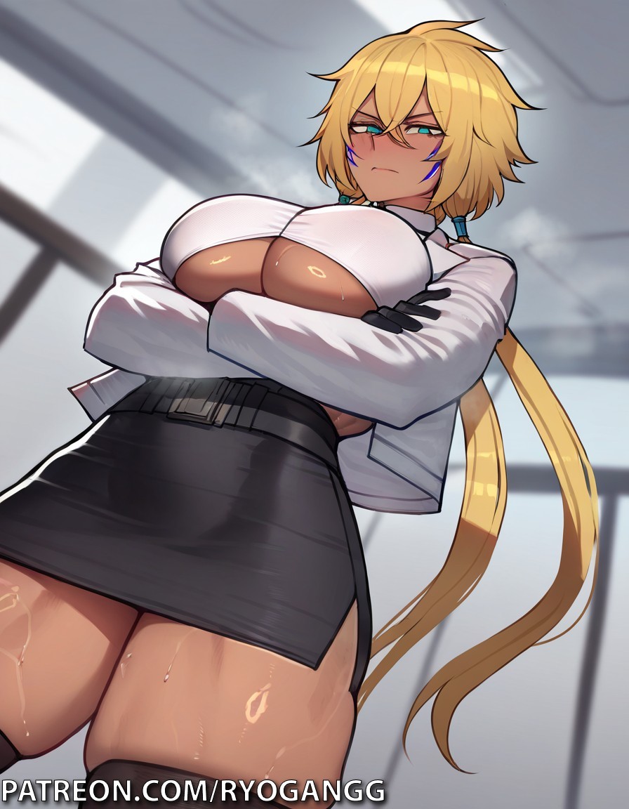 1girls, 2d, 2d (artwork), ai generated, angry face, ass, big ass, big breasts, bleach, bleach: the thousand-year blood war, blonde female, blonde hair, breasts, cleavage, dark skin, dark-skinned female, female, female only, fit, fit female, green eyes, miniskirt, muscular, muscular female, office skirt, patreon, patreon username, ponytail, pussy, ryogangg, solo, tia harribel, underboob, underboob cutout