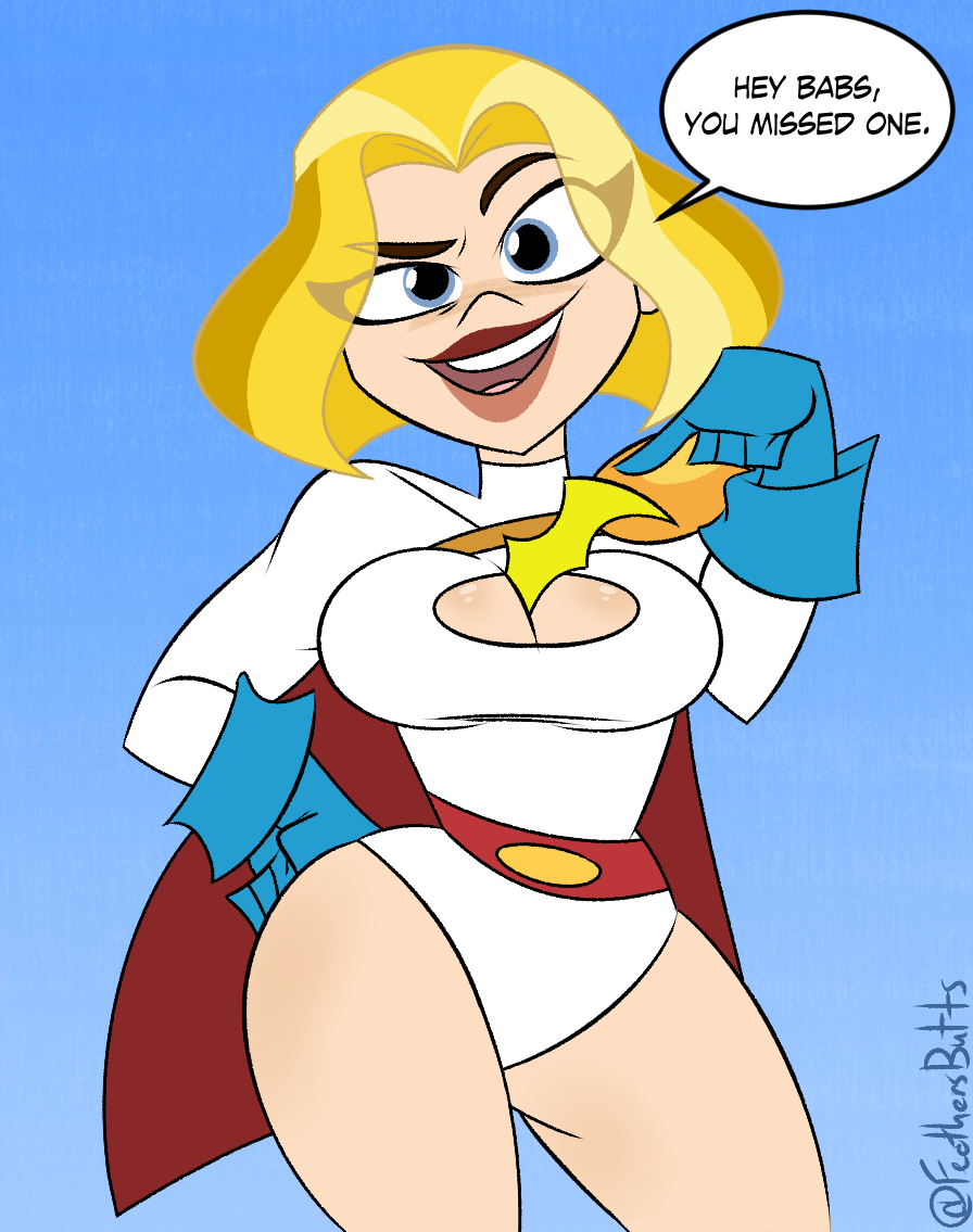 1girls batarang batarang_in_cleavage big_breasts blonde_hair blue_eyes breasts cleavage cleavage_cutout clothed clothed_female curvaceous curvy dc dc_comics dc_super_hero_girls english english_text feathers-ruffled female female_only kara_zor-l karen_starr power_girl short_hair simple_background solo solo_female superman_(series) text thick_thighs warner_brothers watermark wide_hips