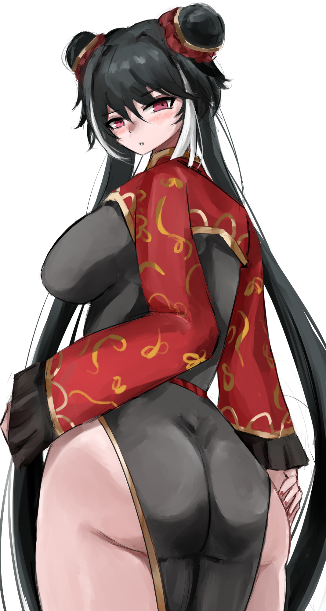 1girls, ass, ass visible through clothes, ass visible through thighs, black hair, blush, breasts, chinese clothes, dress, eyebrows visible through hair, female, female only, hair buns, jia xichun (limbus company), large breasts, light skin, light-skinned female, limbus company, looking at viewer, looking back, multicolored hair, no panties, project moon, skindentation, solo, streaked hair, thick thighs, twintails, white hair, wide hips, www1 (artist)