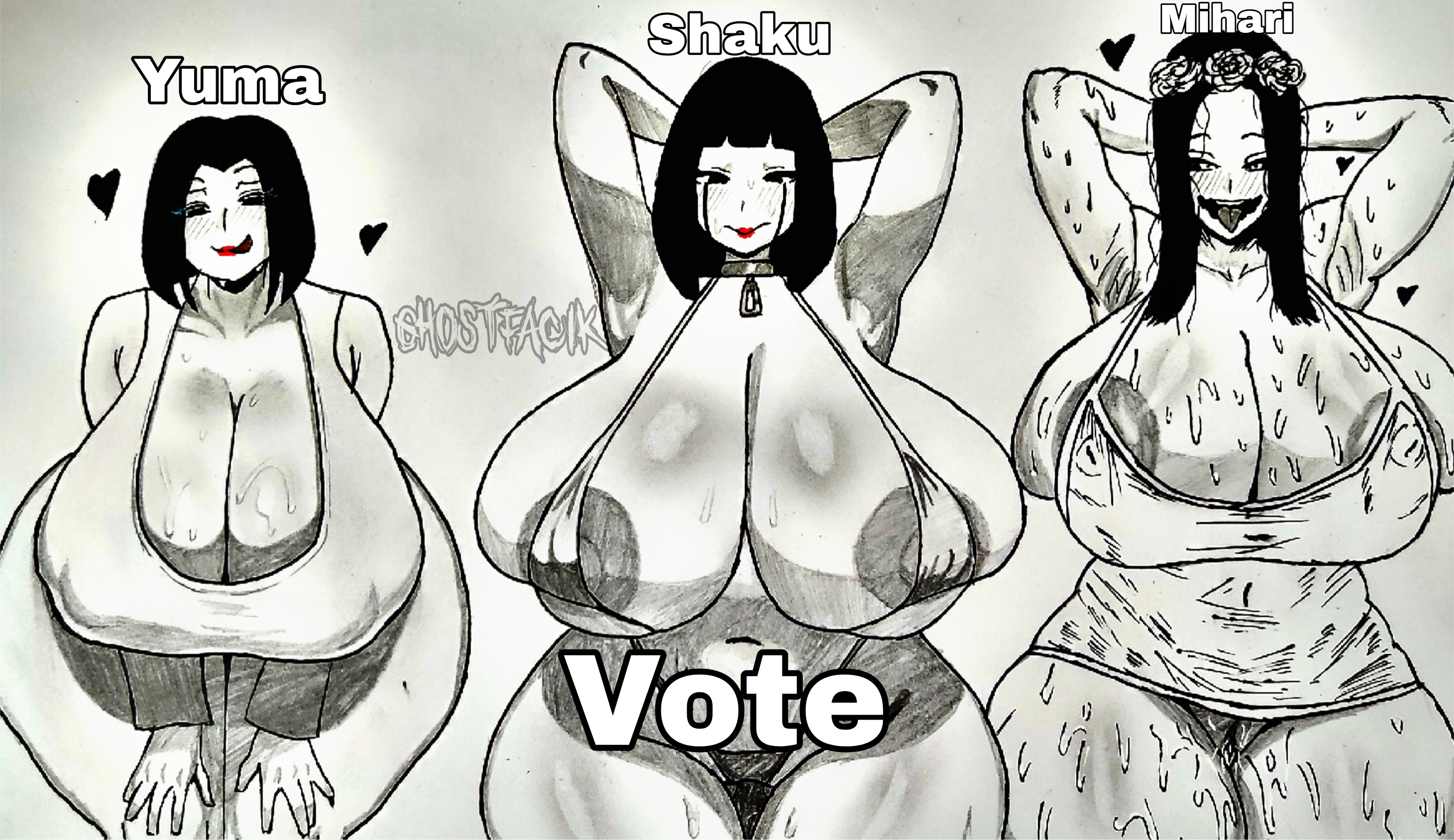 arms behind head, breasts, cleavage, female, front view, ghostfacik, group, heart emoticon, huge breasts, interactive, lewd face, lineart, monochrome, roblox, roblox game, smile, sweat, text, the mimic, three girls, tongue out, traditional media, voting, watermark, yuma (the mimic)