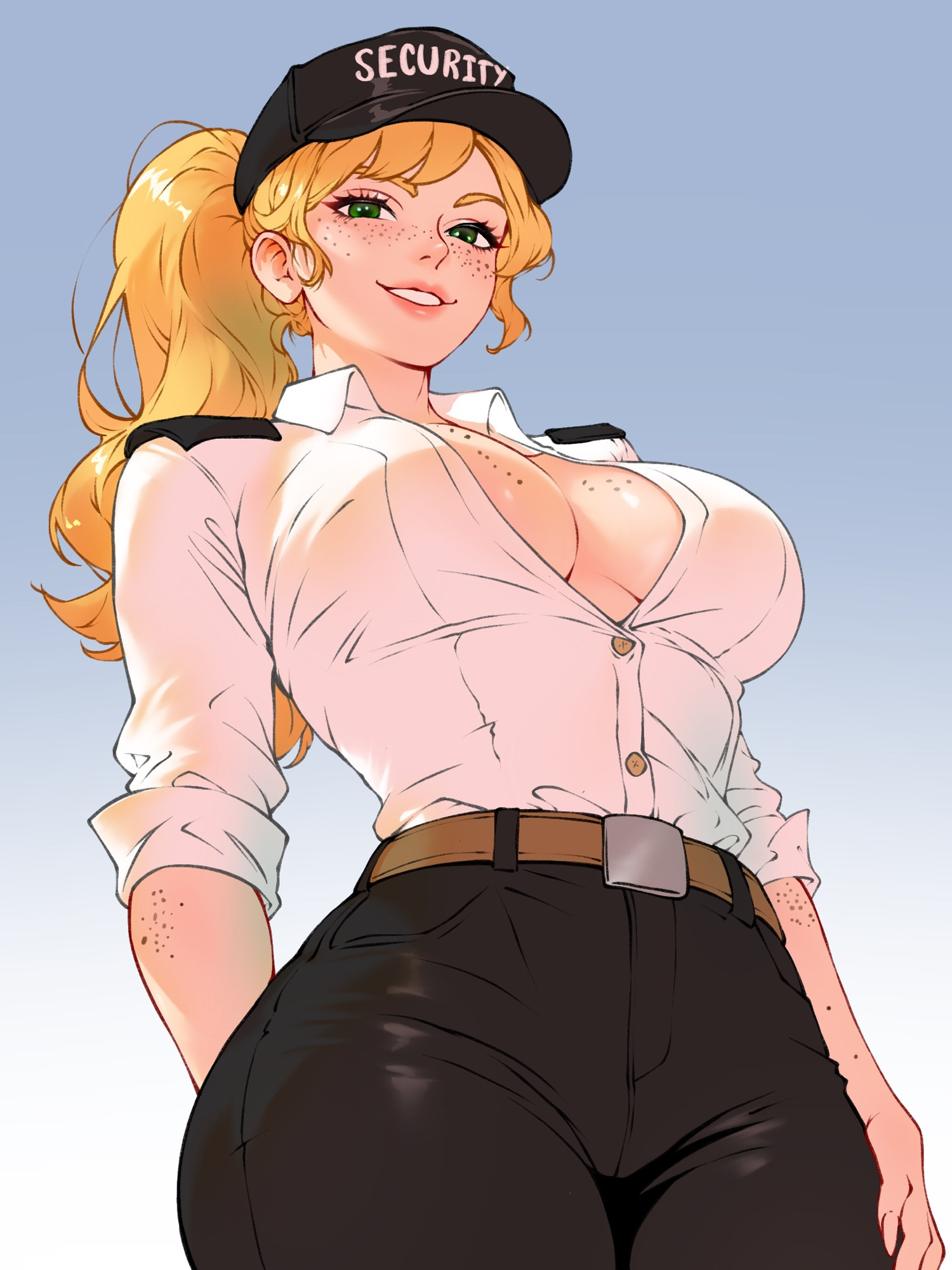 1girls, 2025, baseball cap, black pants, blonde female, blonde hair, breasts, cleavage, clothed female, clothing, digital media (artwork), female, female only, five nights at freddy's, five nights at freddy's: security breach, freckles, freckles on breasts, freckles on face, greaterkeytattoos, green eyes, hat, no visible genitalia, security guard, solo, solo female, vanessa (fnaf)