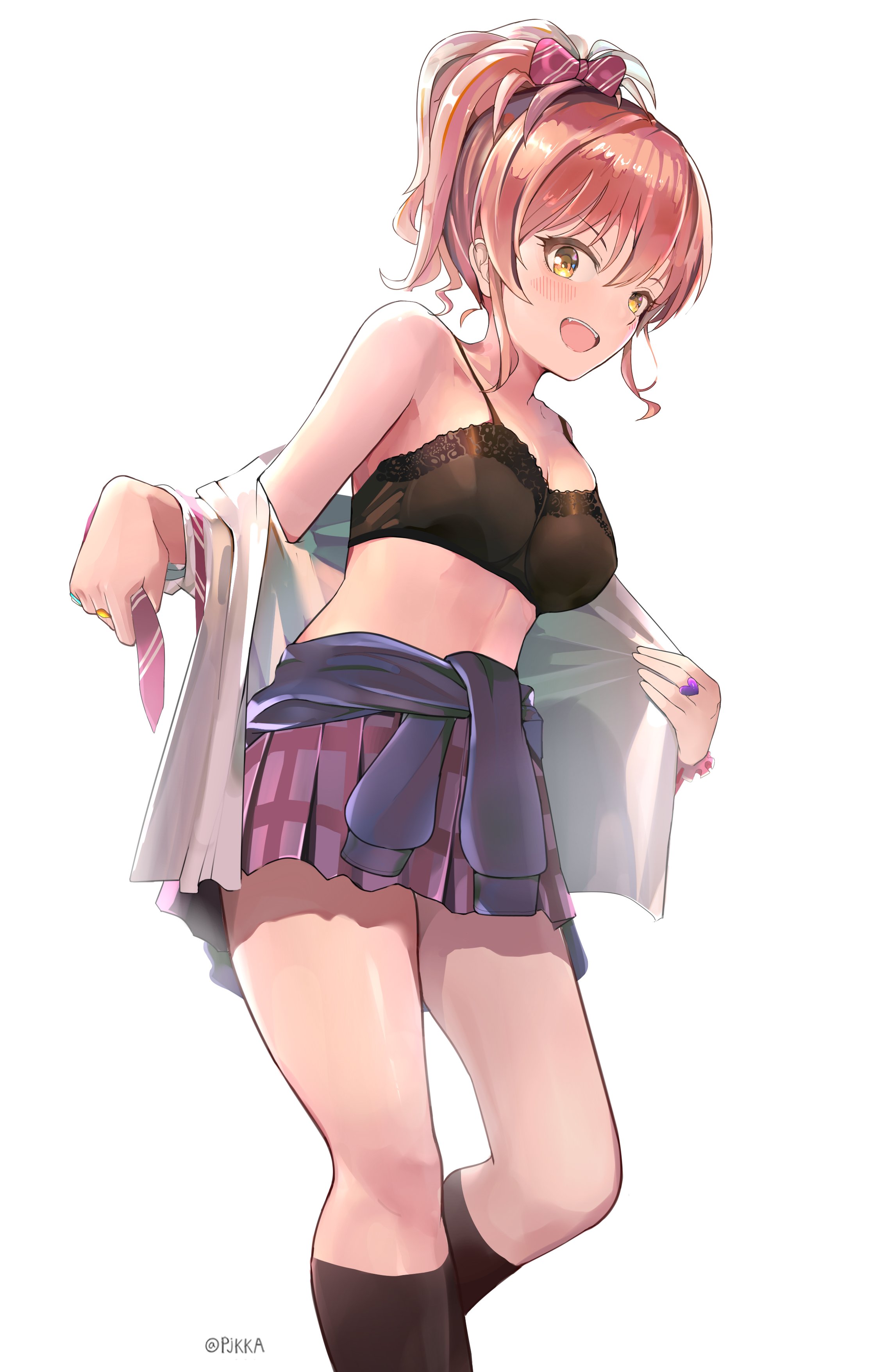 :d, absurdres, bare shoulders, black socks, blush, bow, bra, breasts, cleavage, clothes around waist, collared shirt, commentary request, cowboy shot, eyelashes, female, hairbow, highres, idolmaster, idolmaster cinderella girls, jewelry, jougasaki mika, kneehighs, korean commentary, large breasts, miniskirt, necktie, open mouth, pink hair, pjkka, plaid clothes, plaid skirt, ponytail, ring, shirt, sidelocks, skirt, smile, socks, solo, twitter username, underwear, undressing, white background, white shirt, yellow eyes