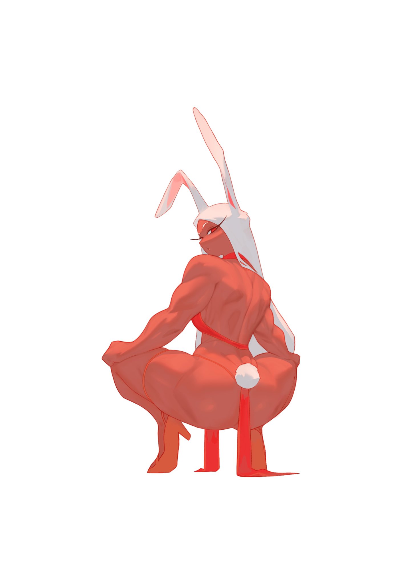 broly culo, bunny ears, female, female focus, female only, heels, high heels, looking back, looking over shoulder, miruko, muscular, muscular female, my hero academia, rebigaki art, red dress, red eyes, rumi usagiyama, squat, squatting, tagme, tan skin, white hair, yknivel