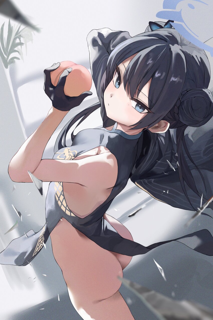 1girls, ass, black hair, blue archive, blue eyes, breasts, chinese clothes, chinese dress, dark hair, female, hair ornament, halo, kisaki (blue archive), looking at viewer, partially nude, peach (fruit), small breasts, timit, white skin