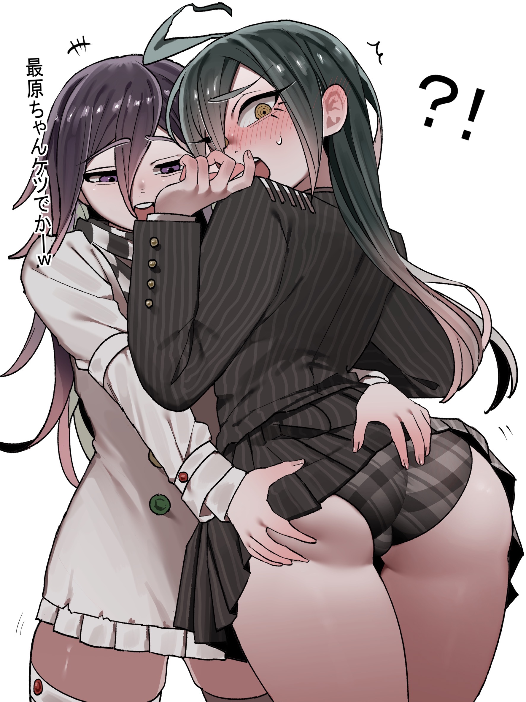2girls, ass, black jacket, black skirt, clothes lift, commentary request, danganronpa, danganronpa (series), danganronpa v3: killing harmony, dress, female, genderswap, genderswap (mtf), grey dress, haya shi3good, highres, jacket, multiple females, multiple girls, oma kokichi, panties, plaid clothes, plaid panties, rule 63, saihara shuichi, skirt, skirt lift, striped clothes, striped jacket, striped skirt, thighhighs, translation request, underwear