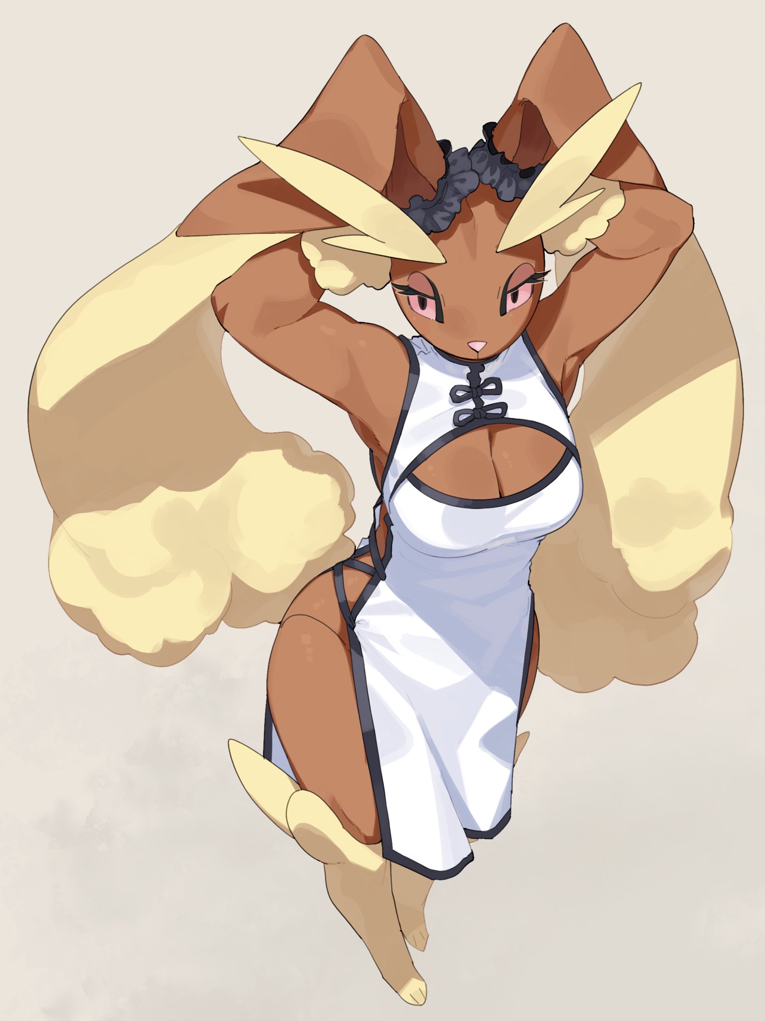 2025, 3 toes, anthro, armpits, breasts, brown body, brown fur, chinese clothes, cleavage, cleavage cutout, clothed, clothed anthro, clothed female, clothing, digital media (artwork), eyelashes, feet, female, front view, fur, generation 4 pokemon, hi res, kame 3, long ears, looking at viewer, lopunny, narrowed eyes, nintendo, pink eyes, pokemon, pokemon (species), simple background, solo, standing, toes, topwear