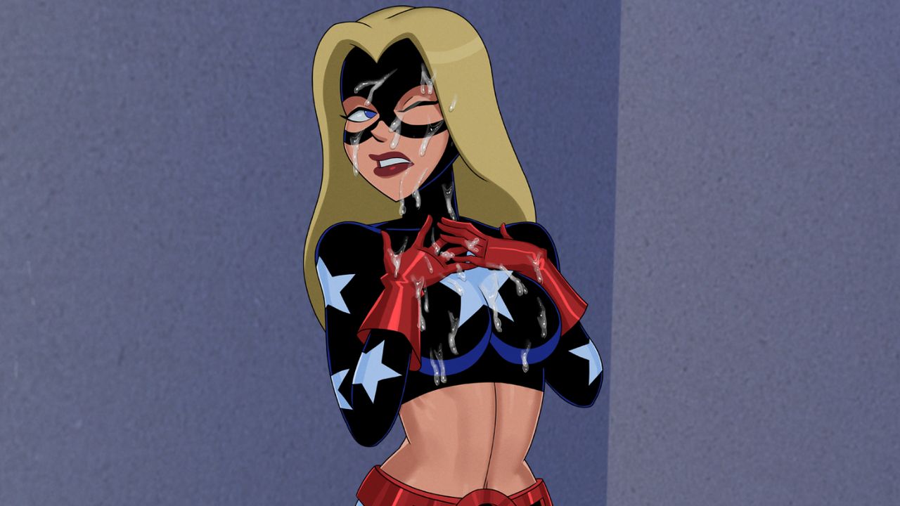 1girls, big breasts, blue eyes, breasts, clothing, courtney whitmore, cum on breasts, cum on face, cum on upper body, dc, dc comics, dcau, female, female only, gritted teeth, hips, justice league unlimited, justice society of america, mask, one eye closed, red gloves, red lipstick, stargirl, sunsetriders7, tight clothing, topwear, utility belt
