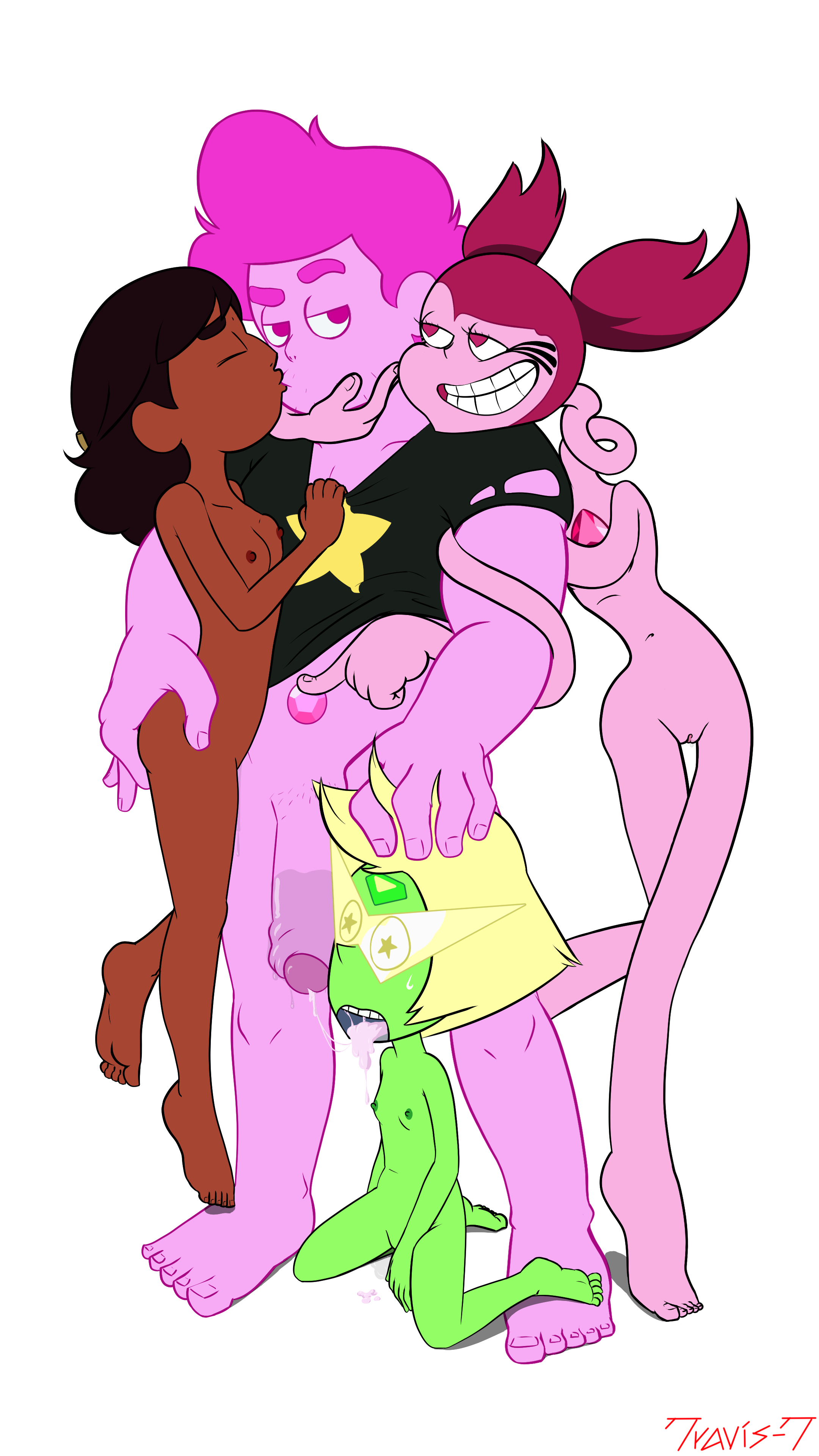 1boy, 3girls, after fellatio, breasts, connie maheswaran, cum, cum in mouth, dark skin, dark-skinned female, feet, fellatio, female, flat chest, flat chested, foursome, gem (species), hand on head, interracial, kissing, kneeling, male, multiple females, multiple girls, nipples, penis, peridot (steven universe), pussy, spinel (steven universe), standing, standing on one leg, steven quartz universe, steven universe, tagme, toes, travis-t (artists), white background