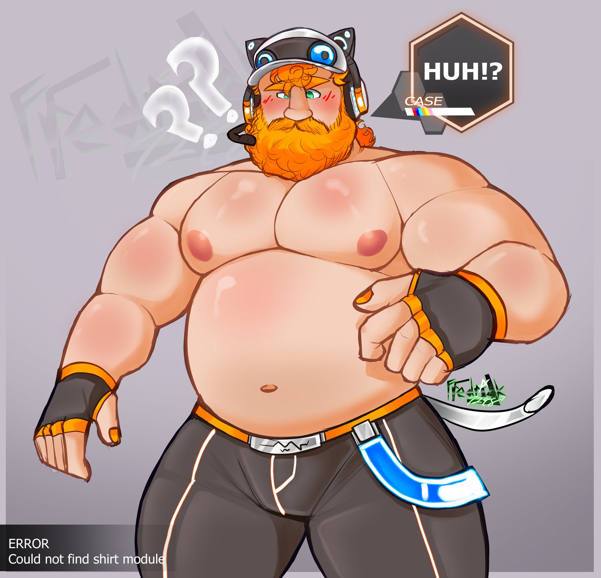 2025, bara, beard, big beard, big moobs, blush, bulge, case (utau), caseoh, confused, fat, fat male, first porn of character, fredrick7298, game glitch, glitch, male, male only, muscular, muscular chest, muscular male, no shirt, pants, tummy, utau, yaoi