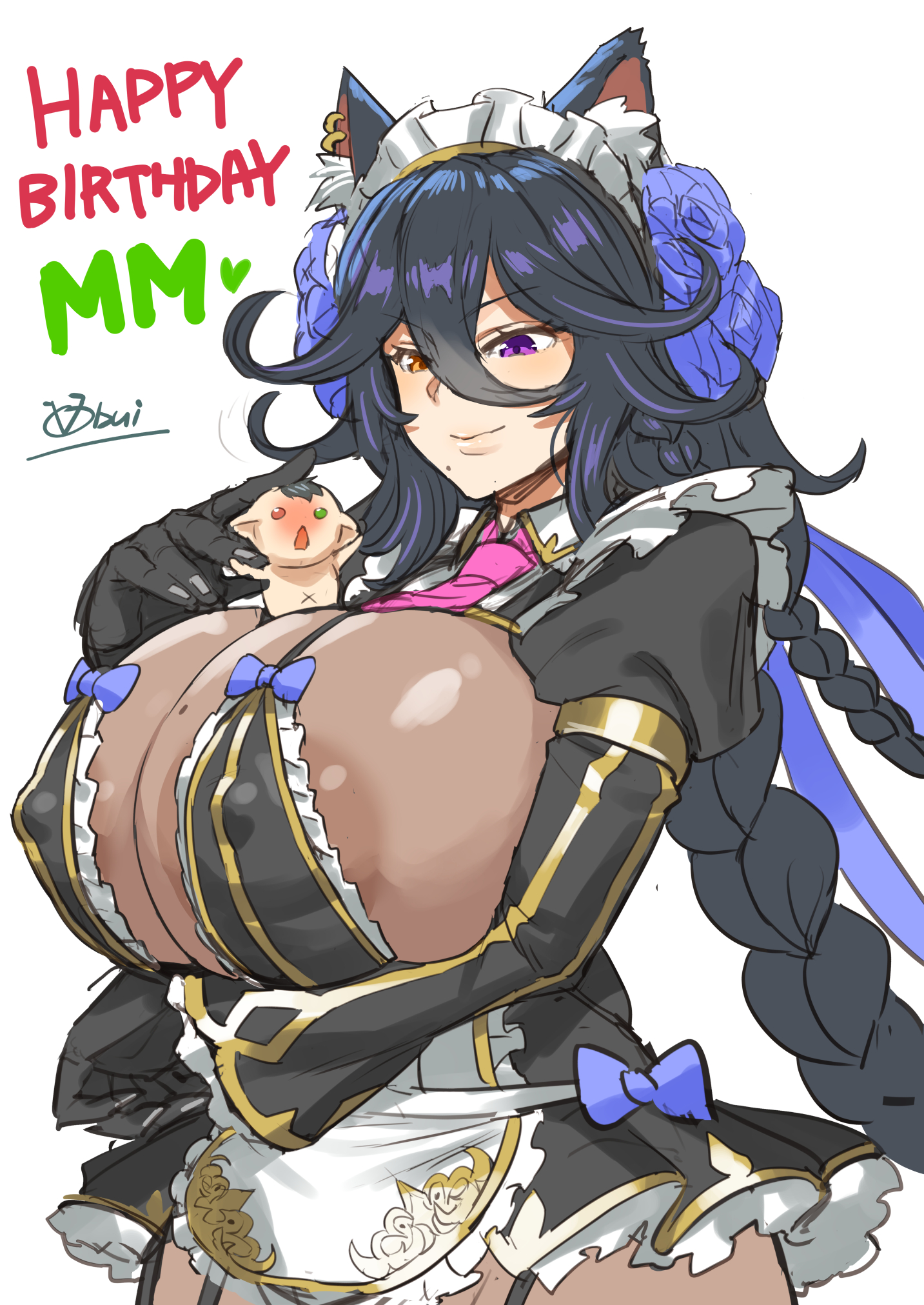 areolae, big breasts, braided hair, breasts, cat ears, cat girl, catgirl, curvy, dark hair, female, hair between eyes, hair braid, heterochromia, huge breasts, last origin, maid, maid headdress, maid uniform, mole, obui, pantyhose, poi (last origin)