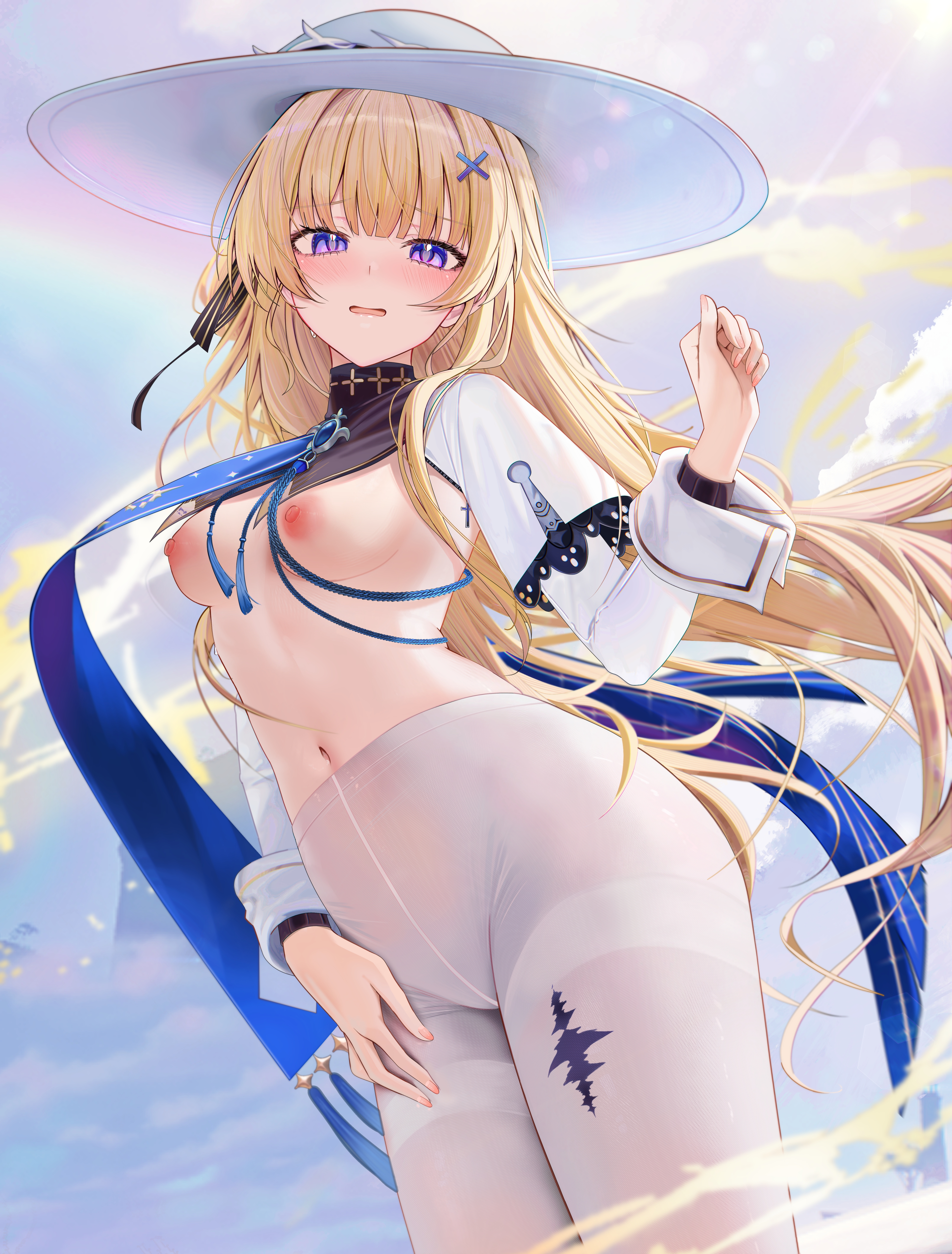 1girls, alternate version at source, alternate version available, belly, belly button, blonde female, blonde hair, blush, breasts, breasts out, breasts out of clothes, clothed female, clothes, clothing, collar, complete in source, embarrassed female, erect nipples, fanbox reward, female, female only, hat, headwear, high resolution, highres, light skin, light-skinned female, long hair, long sleeves, looking at viewer, nipples, outdoors, paid reward, paid reward available, pantyhose, phoebe (wuthering waves), pink nipples, purple eyes, ru zhai, slender body, slender waist, slim waist, small breasts, solo, solo female, standing, stomach, tacet mark (wuthering waves), white clothing, white hat, white pantyhose, wide brim hat, wuthering waves