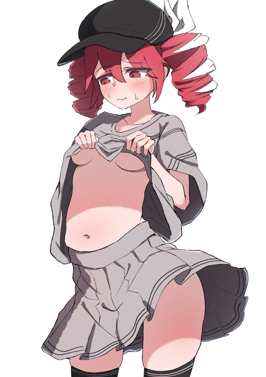 1girls, 2d, 2d (artwork), belly, blush, breasts, embarrassed, embarrassed female, exposed belly, exposed torso, female, female only, hair ornament, hairbow, hat, kasane teto, kasane teto (sv), navel, no bra, override (synthesizer v), petite, petite female, red eyes, red hair, saikyouisgod, shirt, shirt lift, simple background, skindentation, skirt, skirt lift, small breasts, solo, solo female, sweat, sweating, synthesizer v, thick thighs, thighhighs, thighs, twin drills, underboob, upskirt, utau, white background, wind lift