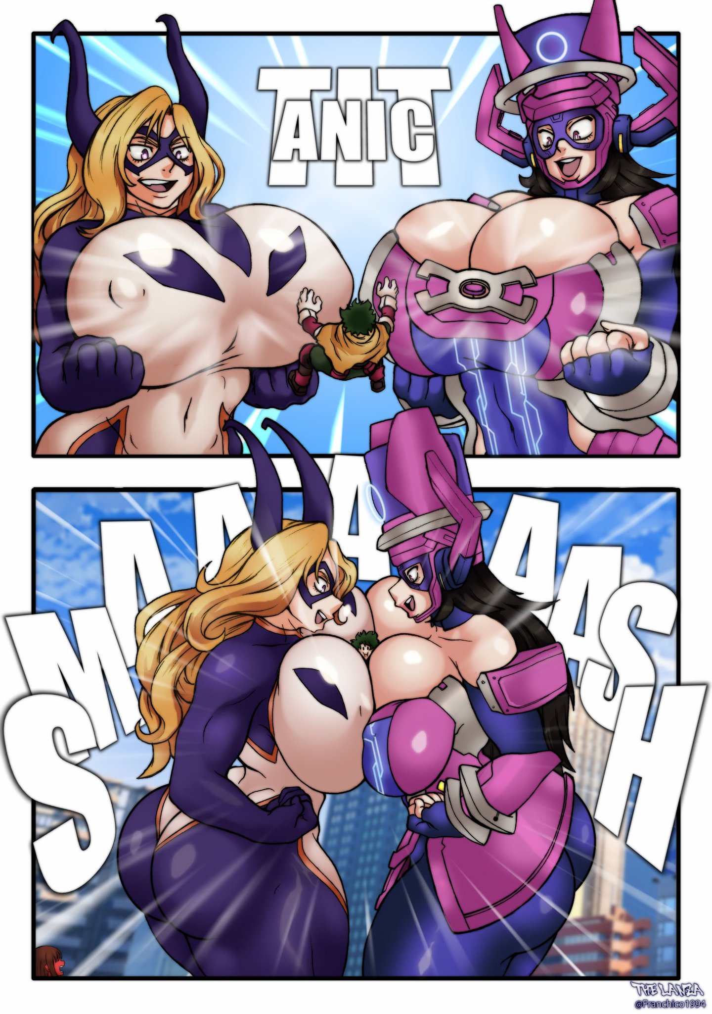 1boy, 2girls, aged up, ass, black hair, blonde hair, boku no hero academia, breasts, colored, comic page, costume, crossover, eastern and western character, female, franchico1994, galacta, galacta (marvel rivals), giant breasts, giantess, green hair, hi res, izuku midoriya, izuku midoriya (hero outfit), large ass, male, marvel, marvel comics, marvel rivals, mount lady, my hero academia, my hero academia (finale), nipples visible through clothing, post-timeskip, text, yuu takeyama