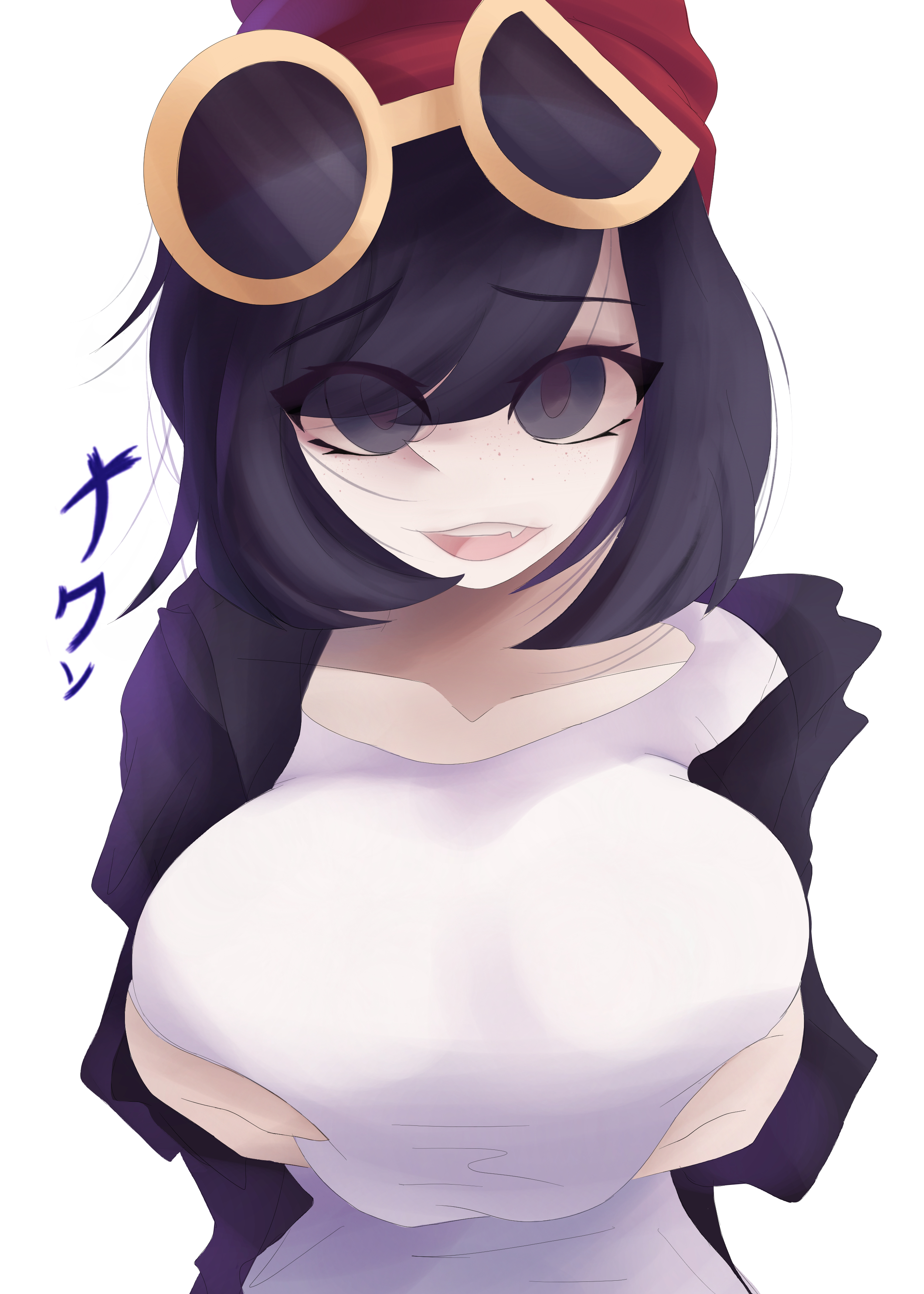 1girls, beanie, black eyes, black hair, black jacket, breast grab, breasts, cleavage, eyewear, eyewear on head, female, game freak, grabbing, grabbing breasts, grabbing own breast, hat, jacket, jacket open, large breasts, looking at viewer, naxless, nintendo, open jacket, open mouth, pokemon, pokemon sm, red beanie, red hat, selene (pokemon), shirt, short hair, simple background, solo, solo female, solo focus, sunglasses, sunglasses on head, white background, white shirt