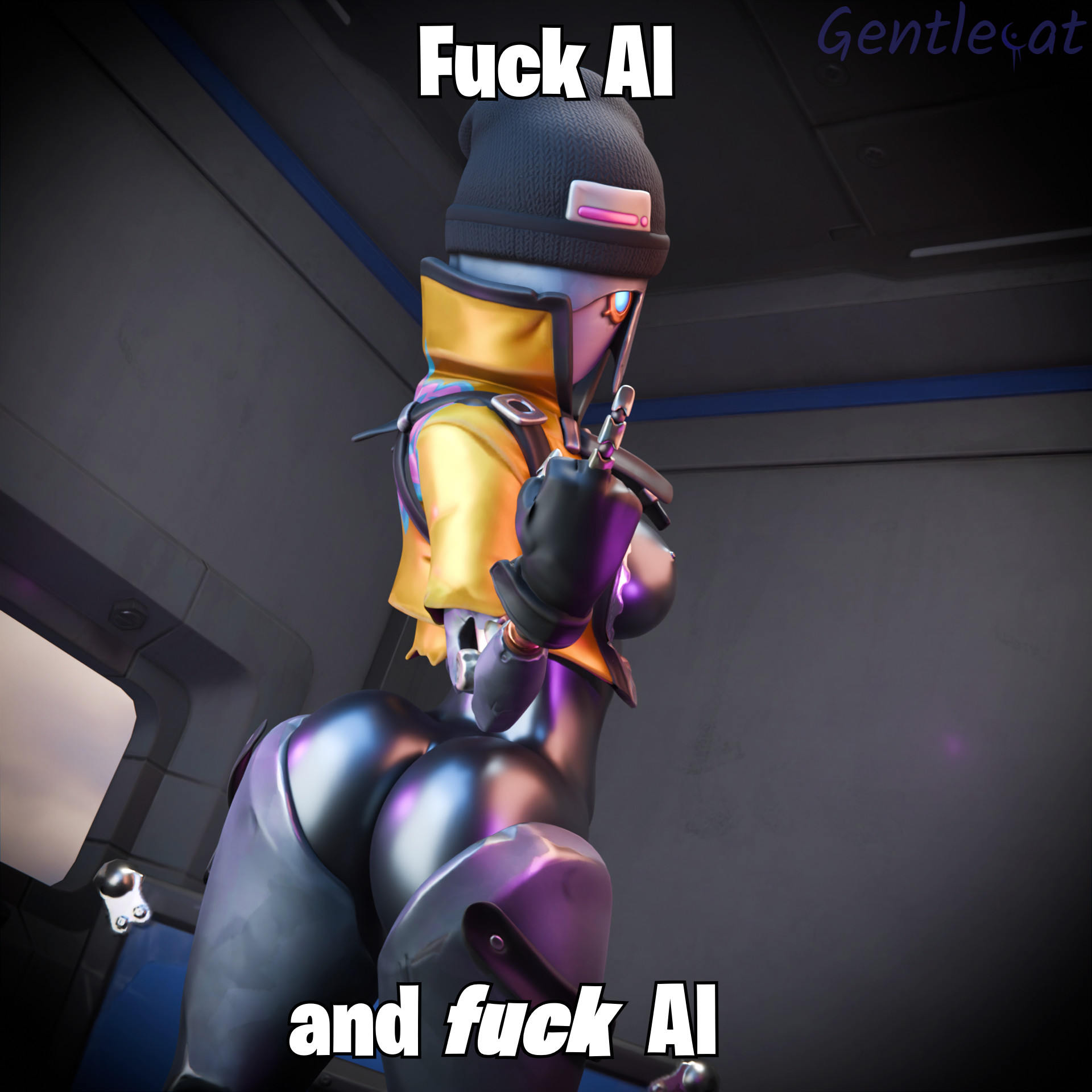 breasts, exposed ass, exposed breasts, female, fortnite, gentlecat, looking at viewer, looking back, middle finger, rebel (fortnite), robot, tagme