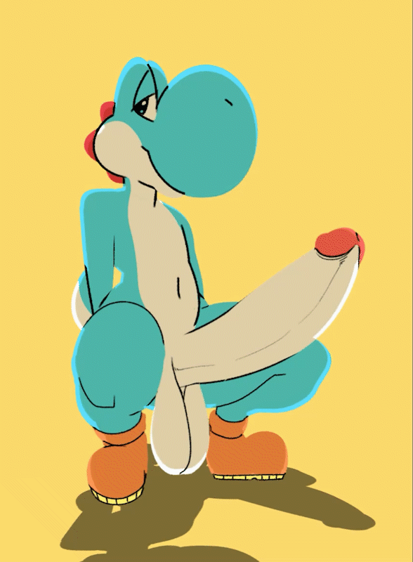 animated, anthro, balls, big penis, erection, hanging balls, komdog, komponi, male, male only, mario (series), naked footwear, naked with shoes on, penis, solo, solo male, throbbing, throbbing penis, yoshi