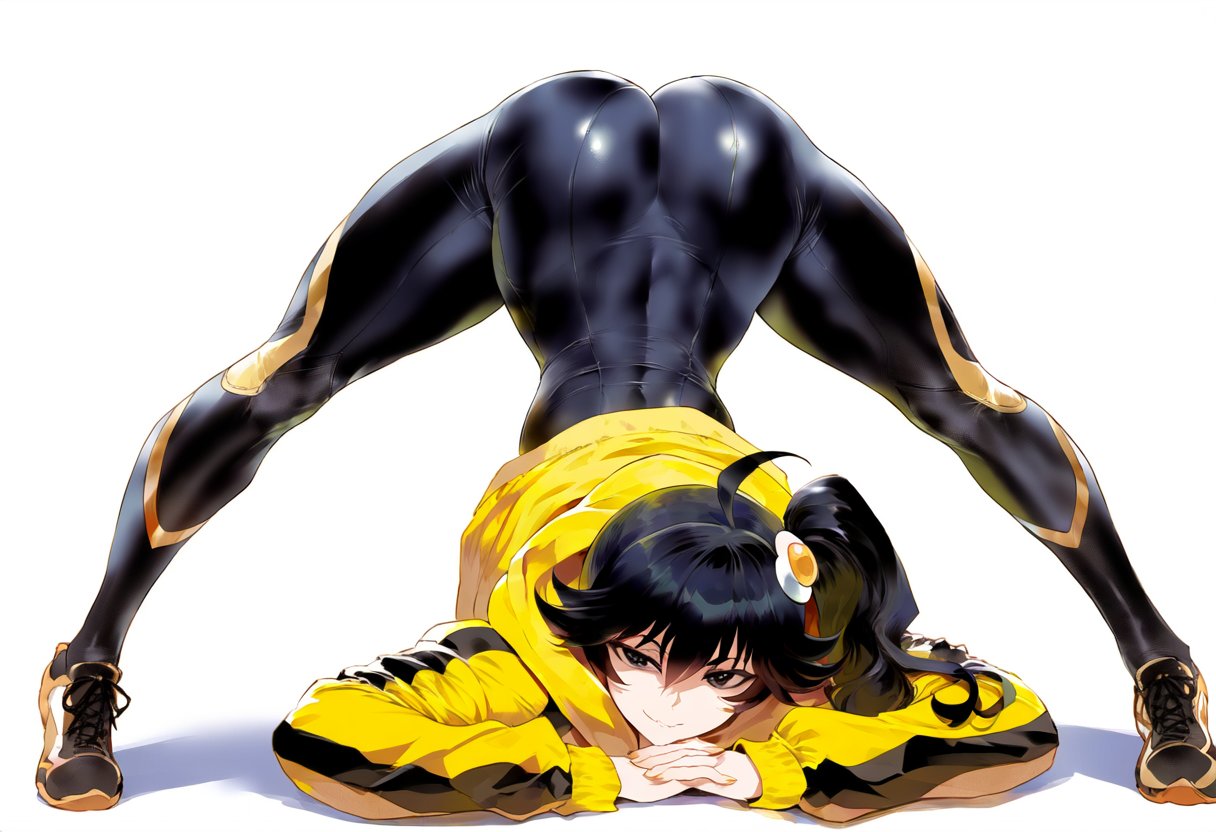 ai generated, araragi karen, ass, bodysuit, dark hair, female, grin, hair ornament, huge ass, jack-o pose, jackochallenge, japanese female, latex suit, legs, light skin, light-skinned female, monogatari (series), nisemonogatari, solo, spread legs, tomboy, yellow jacket