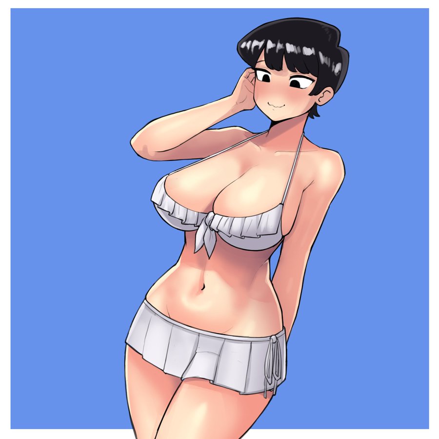 1girls big_breasts bikini bikini_skirt bikini_strings black_eyes black_hair blue_background blush breasts donburikazoku embarrassed female female_only hand_on_head hourglass_figure komi-san_wa_komyushou_desu komi_shuuko large_breasts mature mature_female mature_milf mature_tomboy milf pale-skinned_female short_hair solo thick_thighs tomboy tomboy_milf white_bikini white_bikini_bottom