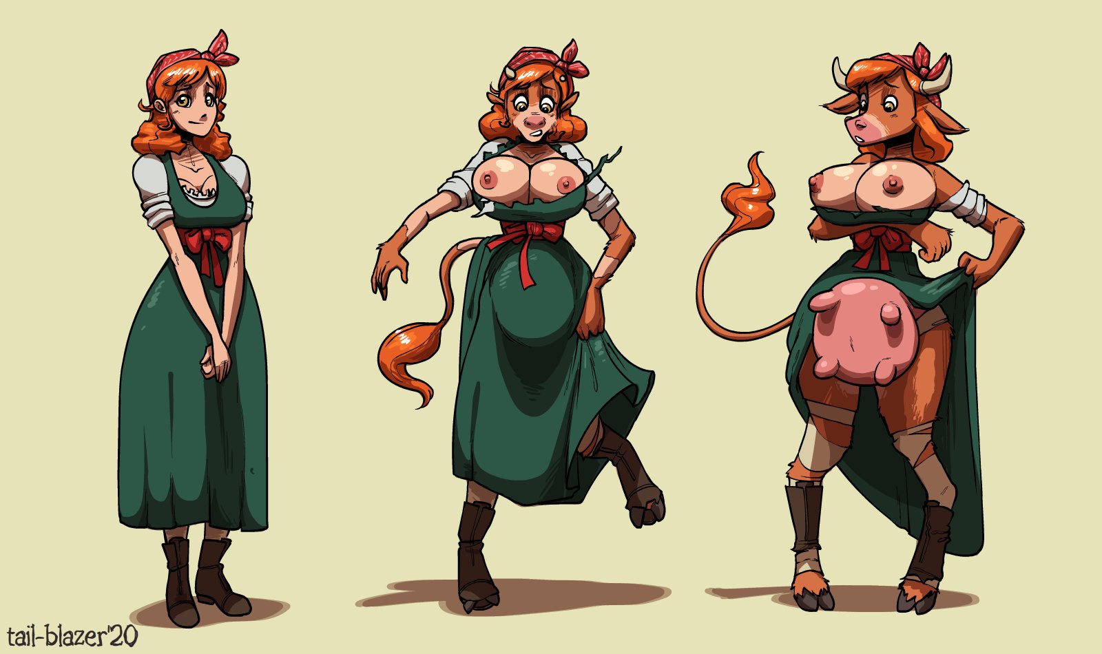 1girls, bovine, breast expansion, breast growth, breast growth (enlargement), breasts, clothed, clothing, cloven hooves, cow transformation, dress, female, female only, horn growth, horns, human to anthro, looking at viewer, nipples, smile, snout growth, solo, species transformation, tail-blazer, transformation, udders, wardrobe malfunction