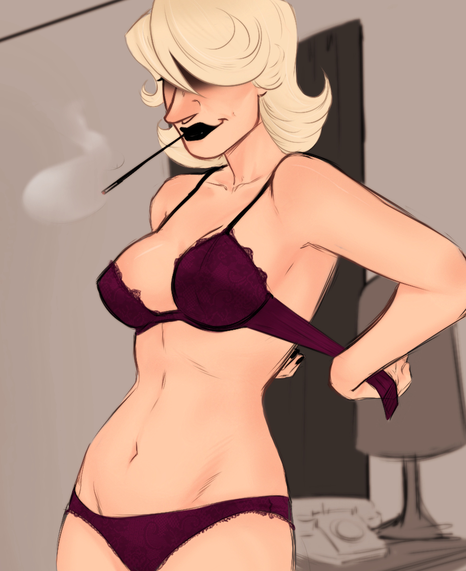 2020s, 2025, belly button, big nose, black lipstick, blonde hair, bra, breasts, cigarette, cigarette holder, cigarette holder in mouth, drug use, eyes covered, female, homestuck, lace-trimmed bra, lace-trimmed panties, lamp, light skin, light-skinned female, lingerie, lingerie only, mom lalonde, ms paint adventures, navel, panties, phone, pinup, purple lingerie, room background, roxy lalonde, skinny, skinny female, smile, smoking, solidlobster, solo, undressing