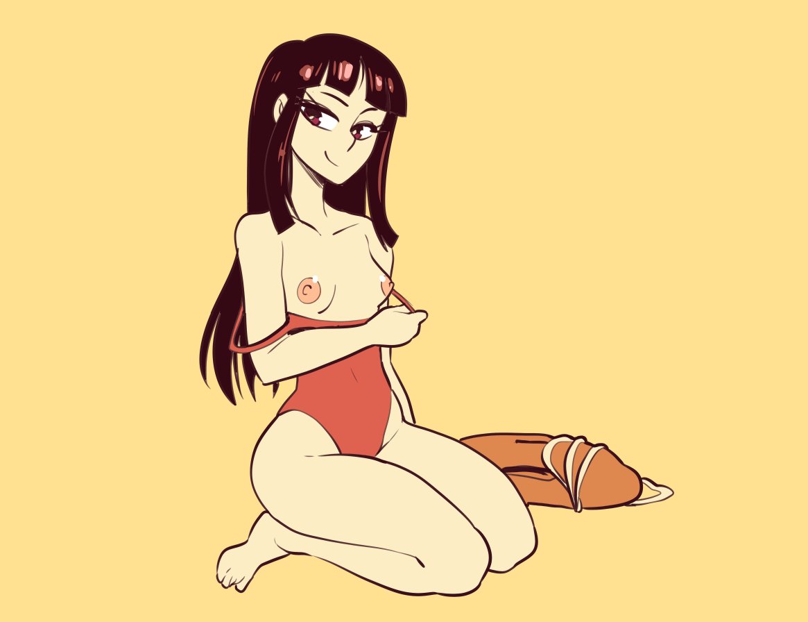 1girls, areolae, black hair, breasts, chichi, cleavage, dragon ball, female, female only, long hair, nipples, nortuet, on knees, red swimsuit, smile, swimsuit