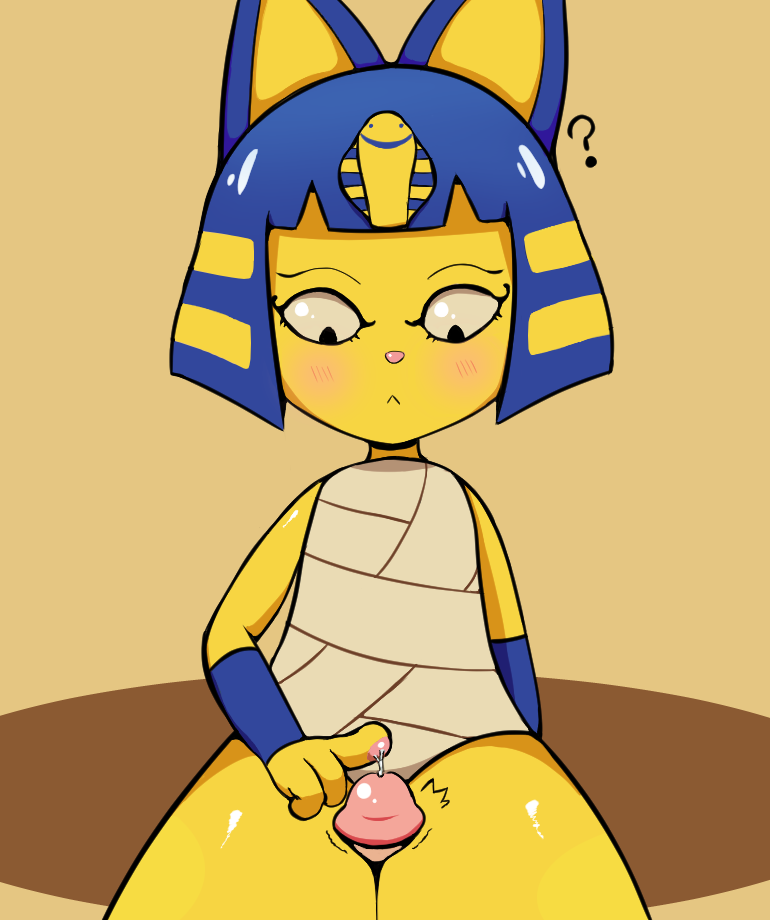 ? animal_crossing ankha anthro blue_hair blush bodily_fluids clothed clothing domestic_cat duo egyptian felid feline felis female genital_fluids genitals hair looking_at_genitalia looking_down male mammal nintendo pawpads penis precum sex shaking short_hair simple_background solidpoint solo_focus straight thick_thighs thigh_sex video_games yellow_body yellow_skin