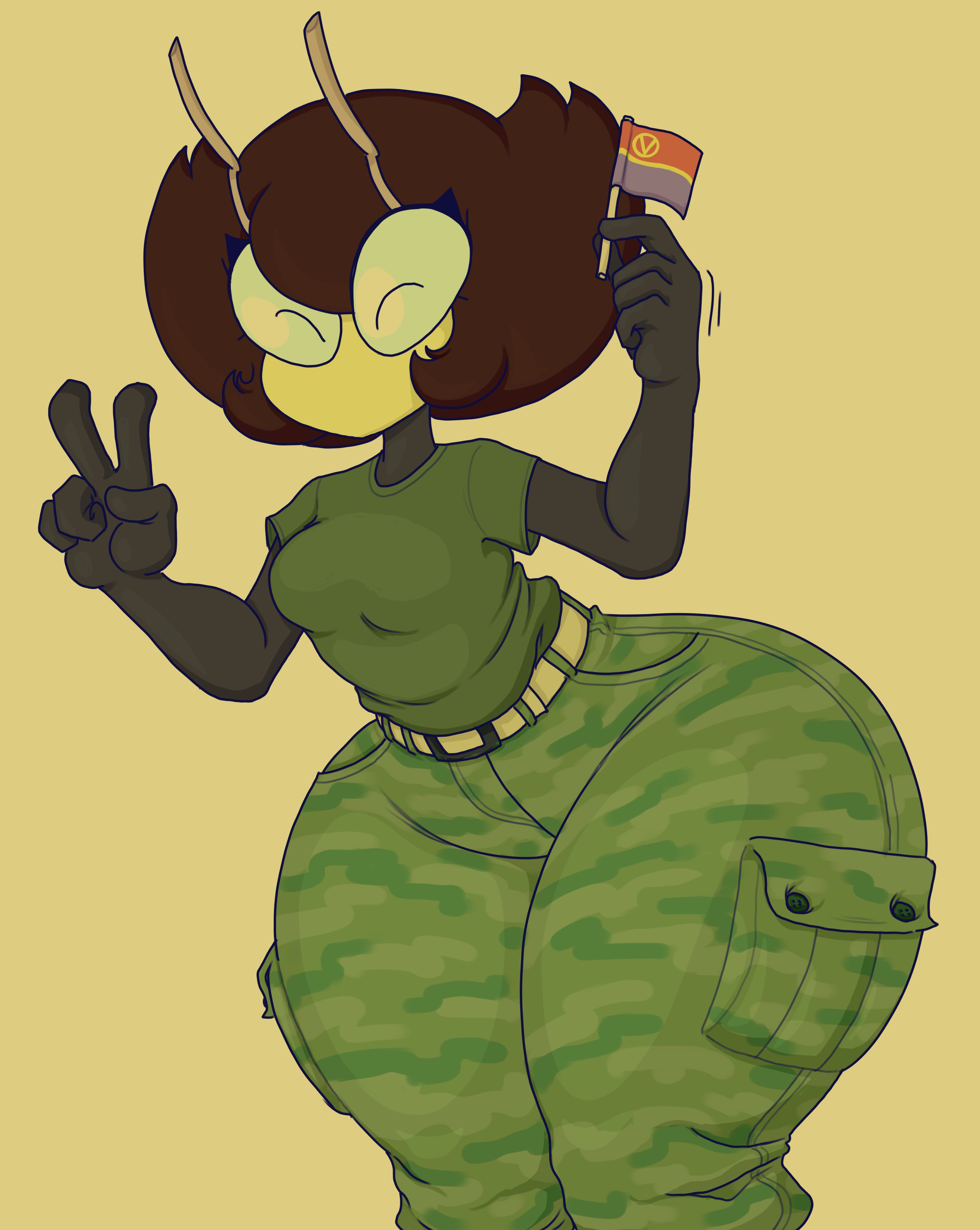 1girls, 5 fingers, antennae, anthro, anthrofied, ass, bee, big ass, big butt, black skin, breasts, brown hair, camouflage pants, clothed, clothes, clothing, cute, eyelashes, eyes closed, female, female only, hair, hips, huge ass, huge butt, huge thighs, humanoid, hyper, hyper ass, hyper butt, hyper hips, hyper thighs, insects, karri, karri (wingless), large ass, large butt, mouthless, no mouth, orange background, peace sign, simple background, smile, smiling, solo, solo female, standing, thick, thick ass, thick thighs, thighs, tight clothing, vendant, voluptuous, wide hips, yellow skin