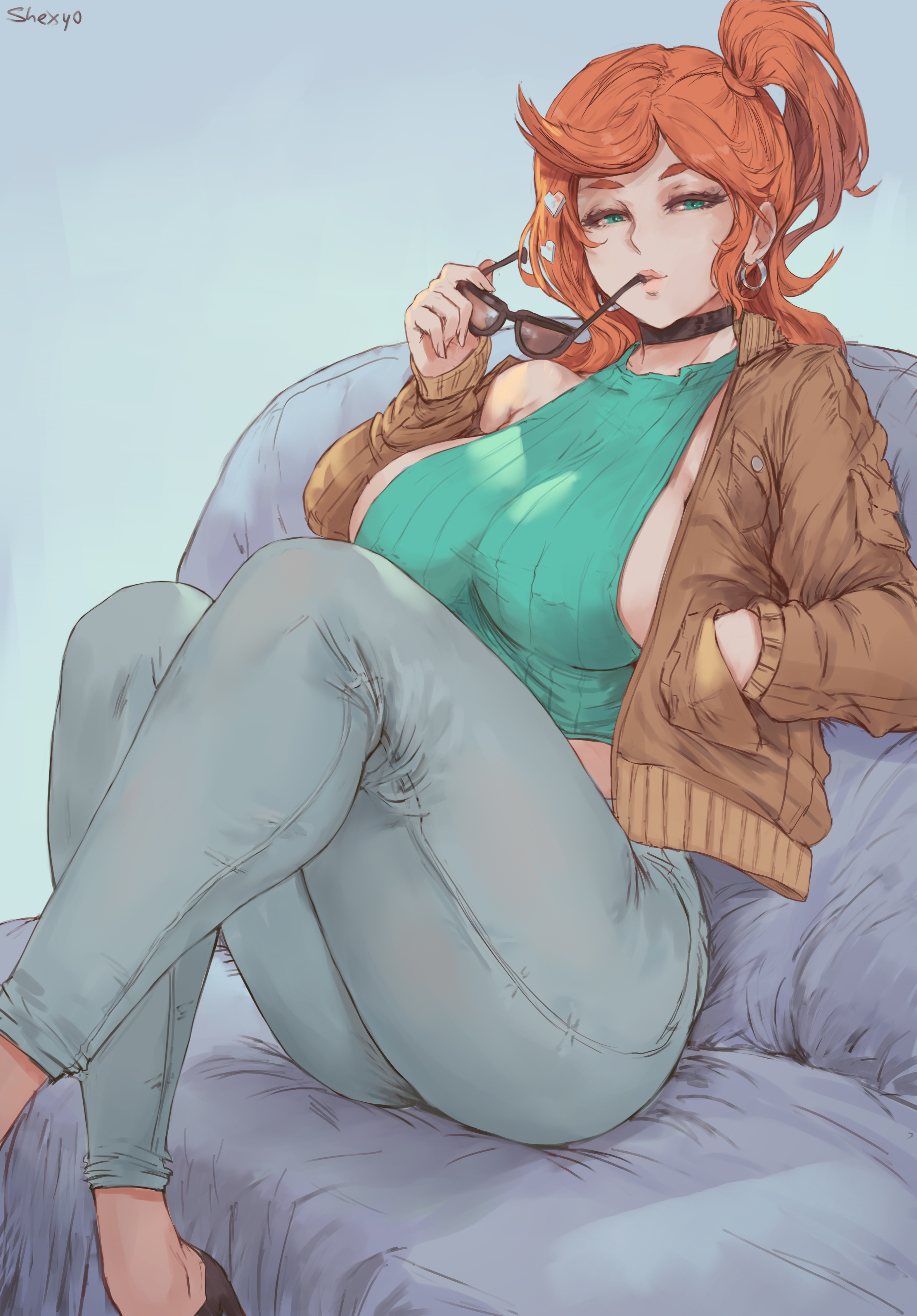 1girls, alternate breast size, aqua eyes, big breasts, breasts, clothed, clothing, curvy, curvy figure, cutesexyrobutts (style), earrings, eyewear removed, female, female only, glasses, hair ornament, half-closed eyes, heart, heart hair ornament, hoop earrings, jeans, large breasts, looking at viewer, nintendo, orange hair, orange-haired female, pants, pokemon, pokemon ss, ponytail, pose, seductive, shexyo, side ponytail, sideboob, solo, solo female, sonia (pokemon), sunglasses, sunglasses removed, thick thighs, thighs, tight clothing