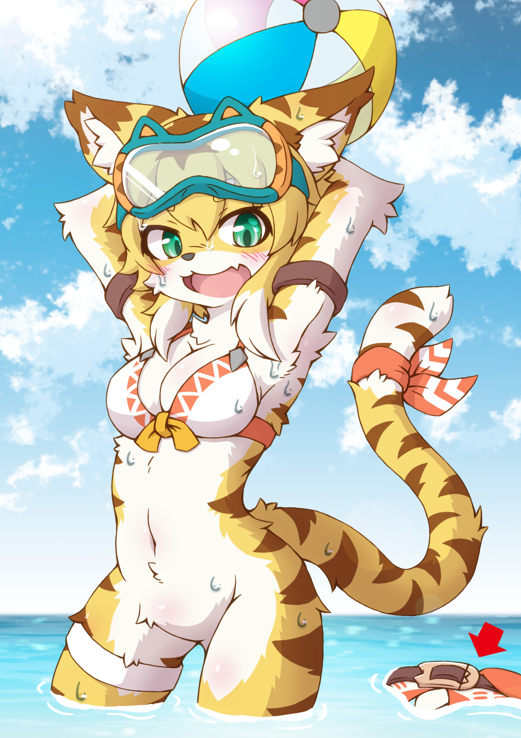 acky05 anthro ass beach big_ass big_breasts blue_eyes blush breasts cute cute_fang embarrassed feline female fluffy fluffy_tail goggles goggles_on_head headgear looking_at_viewer mammal mia_(world_flipper) open_mouth panties pussy sweat tail tongue water wet