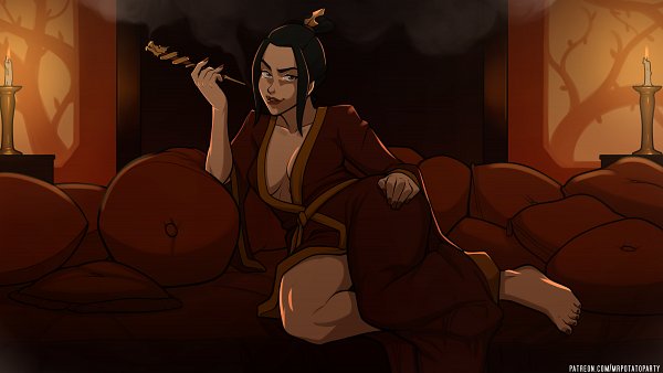 1girls, avatar the last airbender, azula, bare legs, barefoot, black hair, cleavage, clothing, crown, curvy, female, hand on hip, indoors, leaning on object, long legs, looking at viewer, lounging, lowres, mrpotatoparty, nickelodeon, no bra, open robe, patreon, pillows, pinup, pipe, relaxing, robe, sitting, smoke, smoking, smoking pipe, solo, solo female, sultry eyes, thick thighs, tied hair, voluptuous, yellow eyes