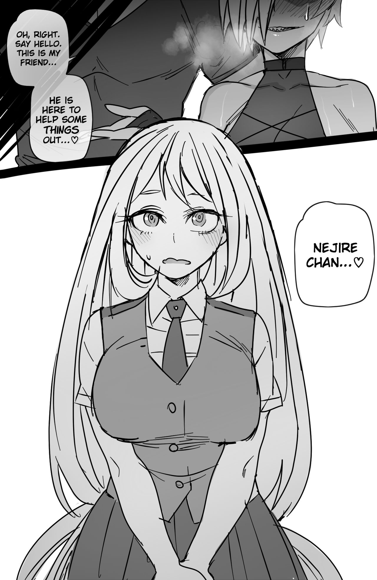 1boy, 2girls, blush, breasts, english text, female, hadou nejire, male, monochrome, my hero academia, nejire hado, open mouth, ratatatat74, ryuukyuu, skirt, speech bubble, tatsuma ryuuko, u.a. school uniform