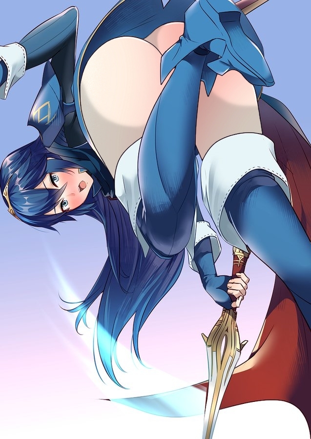 1girls ameno_(a_meno0) ass bare_thighs big_ass blue_eyes blue_hair blush edit falchion_(fire_emblem) female fire_emblem fire_emblem_awakening long_hair looking_at_viewer lucina_(fire_emblem) nintendo no_panties sword thighs unrealityedits