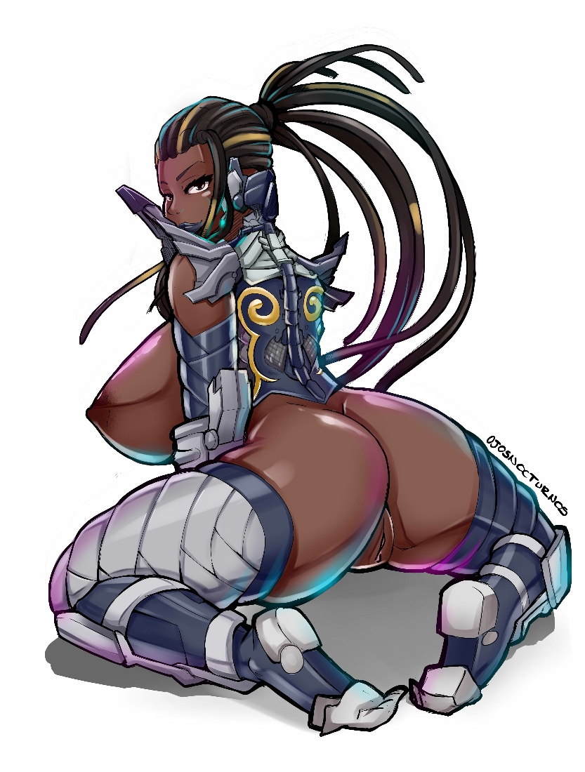 1girls arm_tattoo armor ass black_hair breasts cornrows dark-skinned_female dark_skin female gloves greaves hairlocs huge_ass huge_breasts long_hair looking_at_viewer looking_back master_raven nipples nude ojosnocturnos pussy scarf shoulder_armor sideboob simple_background sitting smile solo spread_legs tattoo tekken thighhighs white_background