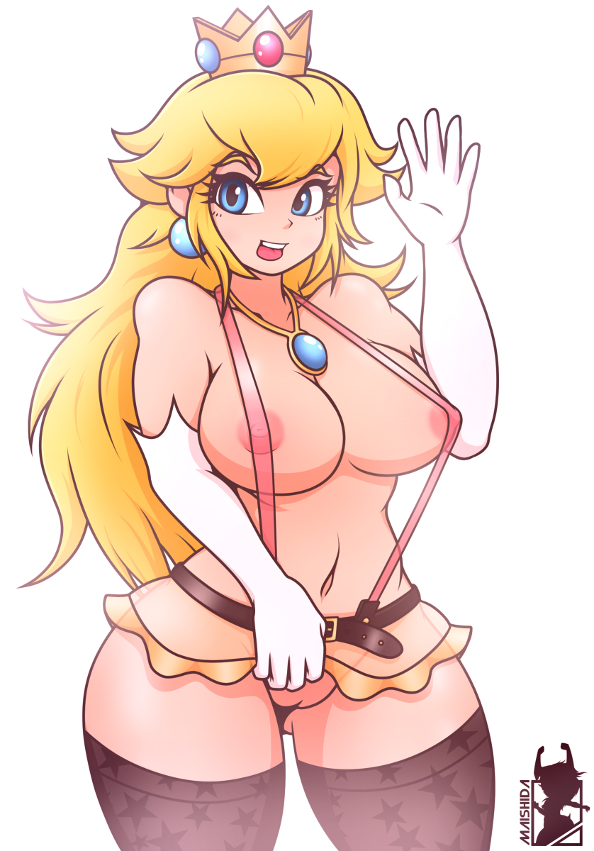 alternate_breast_size alternate_version_available belt blonde_hair gloves maishida mario_(series) necklace nintendo princess_peach revealing_clothes solo stockings useless_clothing white_background