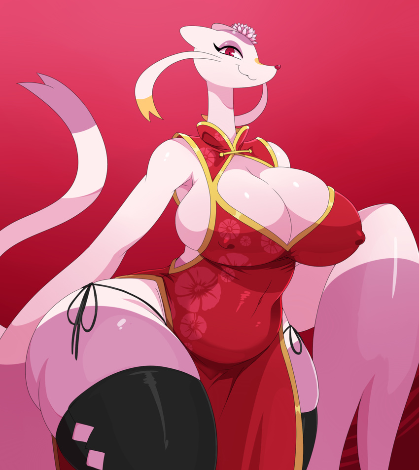 ass, breasts, chinese clothes, curvy, erect nipples, female, furry, huge ass, huge hips, huge thighs, large breasts, mienshao, nintendo, nipple bulge, plump, pokemon, pokemon (species), pokemon bw, sssonic2, thighhighs, thong, thong straps