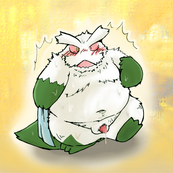 1:1 2011 abomasnow anthro balls belly blush fan_character fur genitals green_body green_fur kemono male nintendo overweight overweight_male penis pokémon_(species) pokemon snow_utamaru solo towel video_games wet white_body white_fur