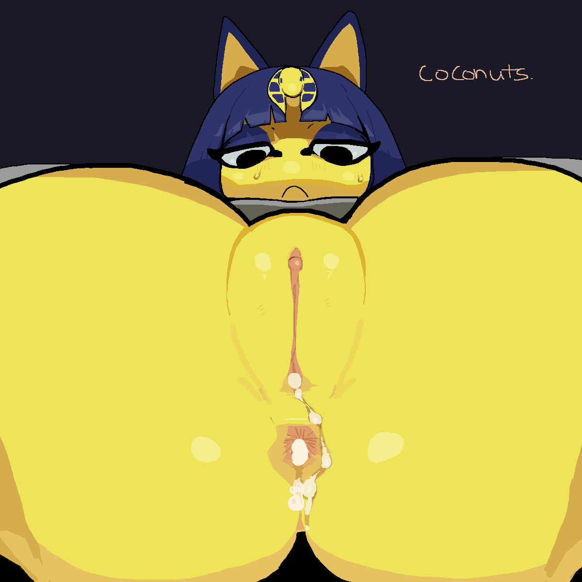 1girls animal_crossing ankha anus ass blue_hair cat_ears cat_tail catgirl coconuts_(artist) cum cum_in_ass cum_in_pussy cum_inside felid feline felis female female_only fur furry furry_only nintendo pussy tagme yellow_fur