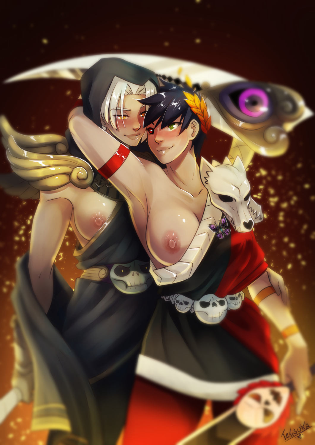 2girls, breasts, breasts out, canon couple, embrace, exposed breasts, female, female only, genderswap, genderswap (mtf), greek mythology, hades (game), heterochromia, laurel crown, lesbian, multiple females, multiple girls, nipples, romantic, romantic couple, rule 63, smile, tetisuka, thanatos, thanatos (hades), wholesome, yuri, zagreus