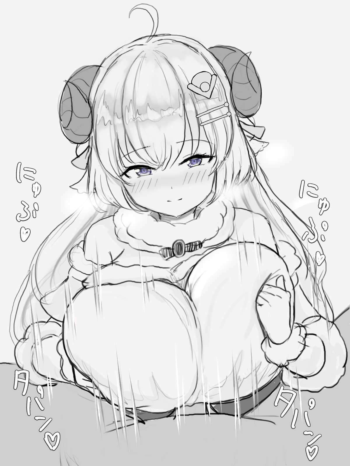 ahoge, blush, breasts, female, holoforce, hololive, hololive japan, horns, huge breasts, kaoperotk, male, monochrome, paizuri, sheep girl, sheep horns, straight, tsunomaki watame, virtual youtuber
