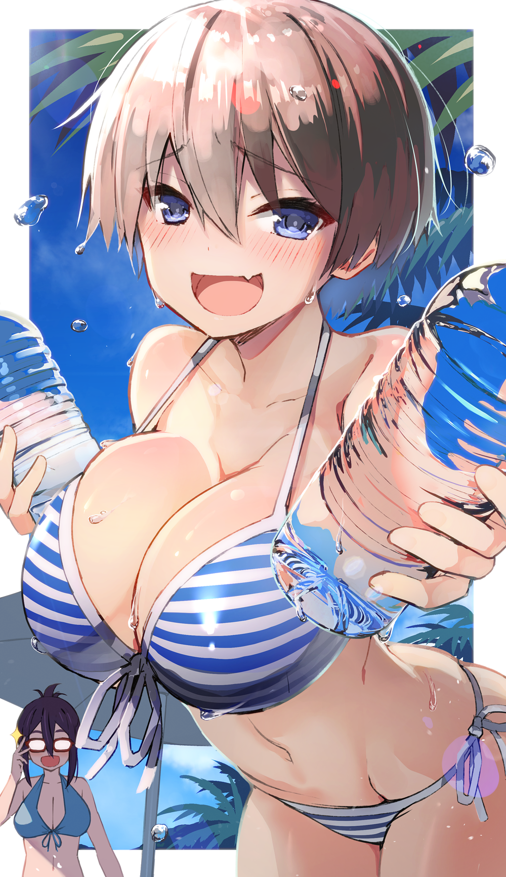 2girls asai_ami beach big_breasts bikini blue_eyes bottle breasts flesh_fang glasses grey_hair looking_at_viewer oerba_yun_fang osa_(osaosa) skin_fang striped_bikini uzaki-chan_wa_asobitai! uzaki_hana water water_bottle