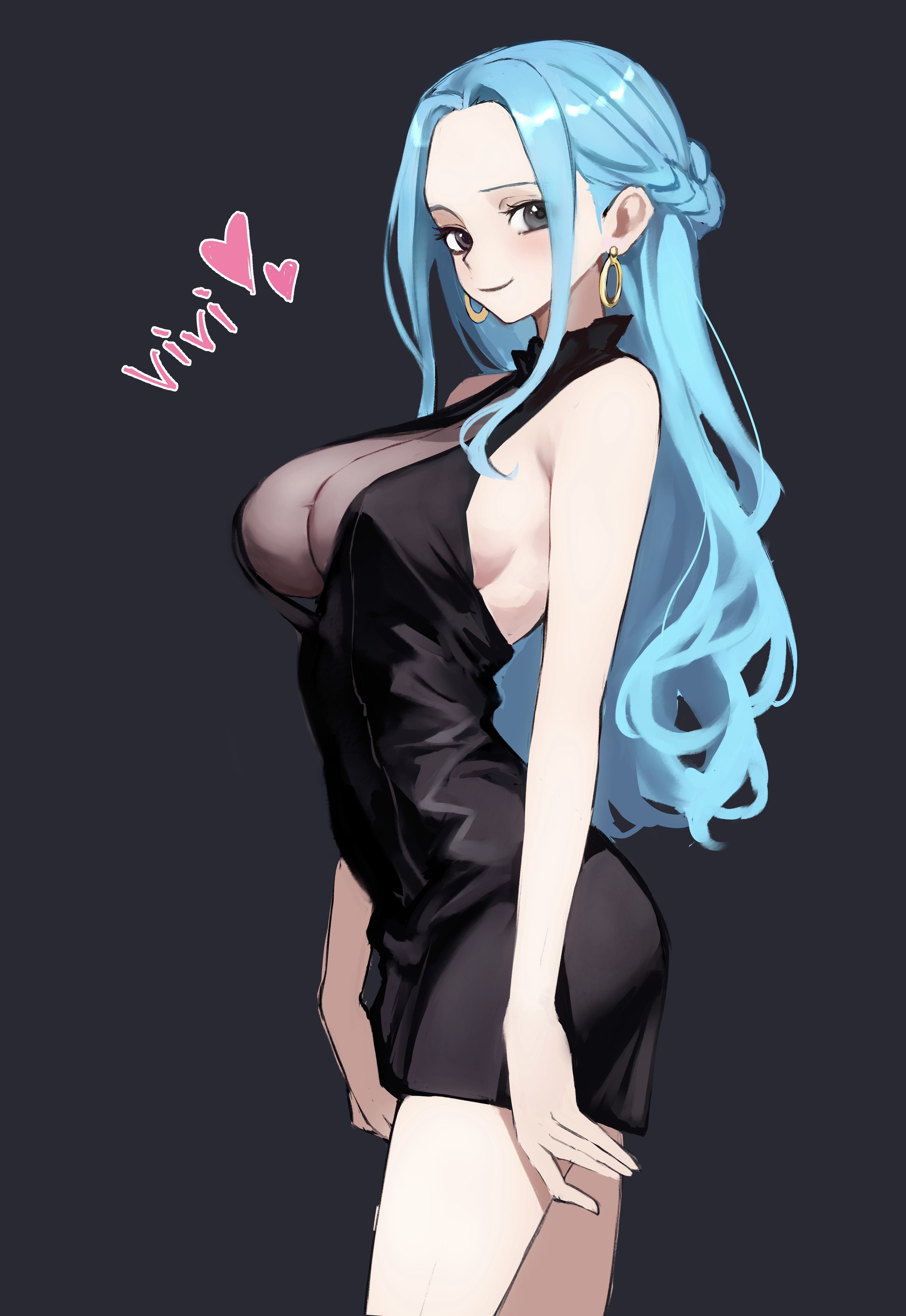 1girls, absurdres, alternate costume, black background, black dress, blue hair, blue-haired female, breasts, character name, closed mouth, clothing, commentary, dress, earrings, english commentary, female, female only, grey eyes, heart, highres, hoop earrings, jewelry, kasumi 6, kasumi6, large breasts, long hair, looking at viewer, nefertari vivi, one piece, sidelocks, simple background, smile, solo, standing, wavy hair
