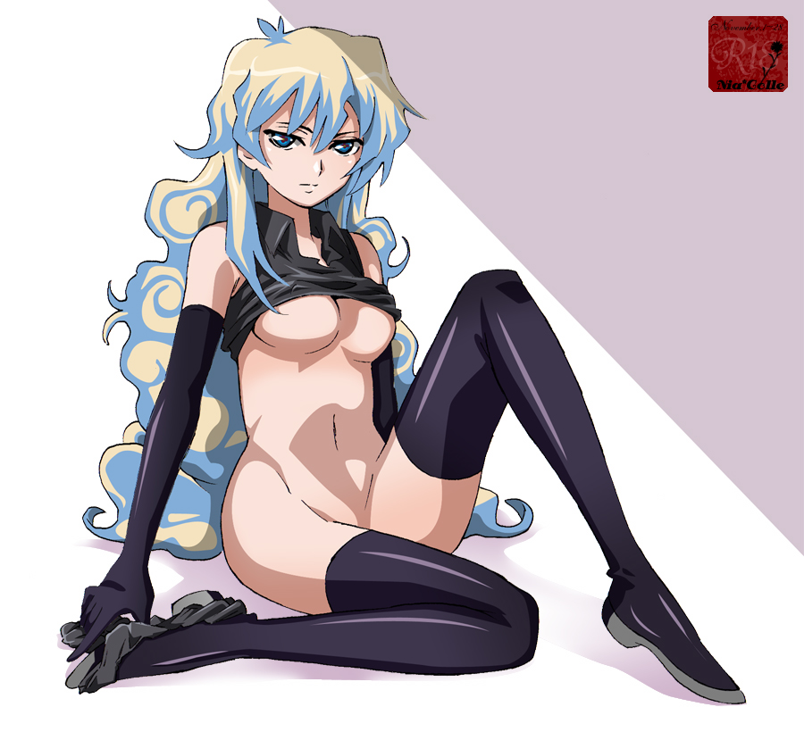 black_legwear black_thighhighs blue_eyes boots bottomless breasts elbow_gloves gloves kenji_t1710 long_hair multicolored_hair nia_teppelin no_panties serious shirt_lift tengen_toppa_gurren-lagann tengen_toppa_gurren_lagann thigh_boots thighhighs underboob very_long_hair