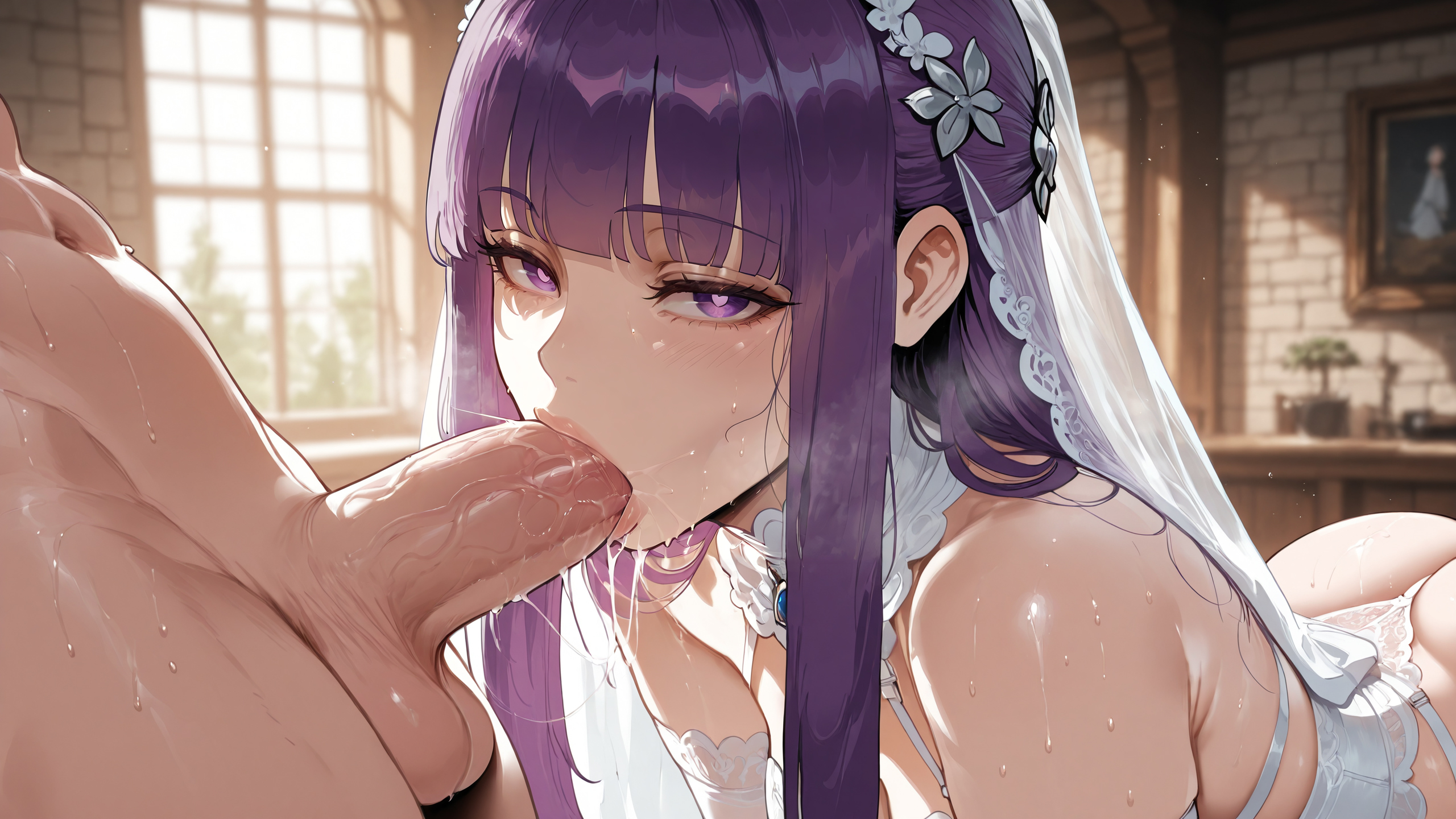 1boy, 1girls, ai generated, all fours, ass, bangs, bare shoulders, blunt bangs, blurry background, blush, breasts, bridal lingerie, bridal veil, bride, clothing, cum, cum in mouth, curvaceous, curvaceous female, curvaceous figure, curvy, curvy figure, detached collar, dress, erection, fellatio, female, female focus, fern (sousou no frieren), gloves, hair ornament, headdress, heart-shaped pupils, indoors, jewelry, large breasts, large penis, legwear, lingerie, long hair, looking at viewer, male, miyuai, navel, nipples, oral, panties, penis, picture frame, purple eyes, purple hair, saliva, sex, sidelocks, solo focus, sousou no frieren, straight, straight hair, sweat, symbol-shaped pupils, testicles, thighhighs, thong, uncensored, underwear, veil, veins, veiny penis, voluptuous, voluptuous female, wedding dress, white dress, white gloves, white panties, window