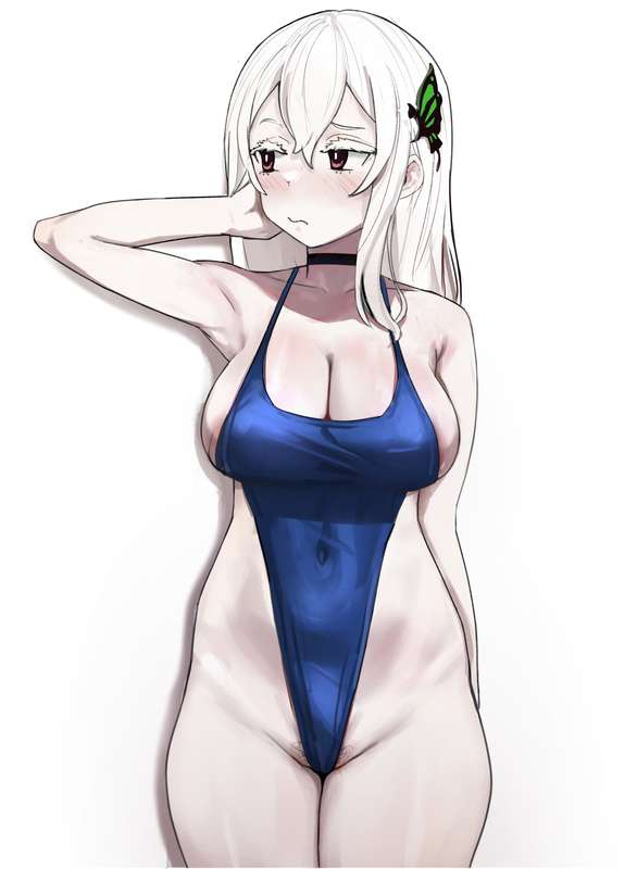 1girls, bathing suit, big breasts, breasts, brown eyes, cinn angl, echidna (re:zero), exposed hips, female, hair, hip cleavage, light skin, light-skinned female, long hair, re:zero kara hajimeru isekai seikatsu, simple background, solo, solo female, white background, white eyebrows, white hair