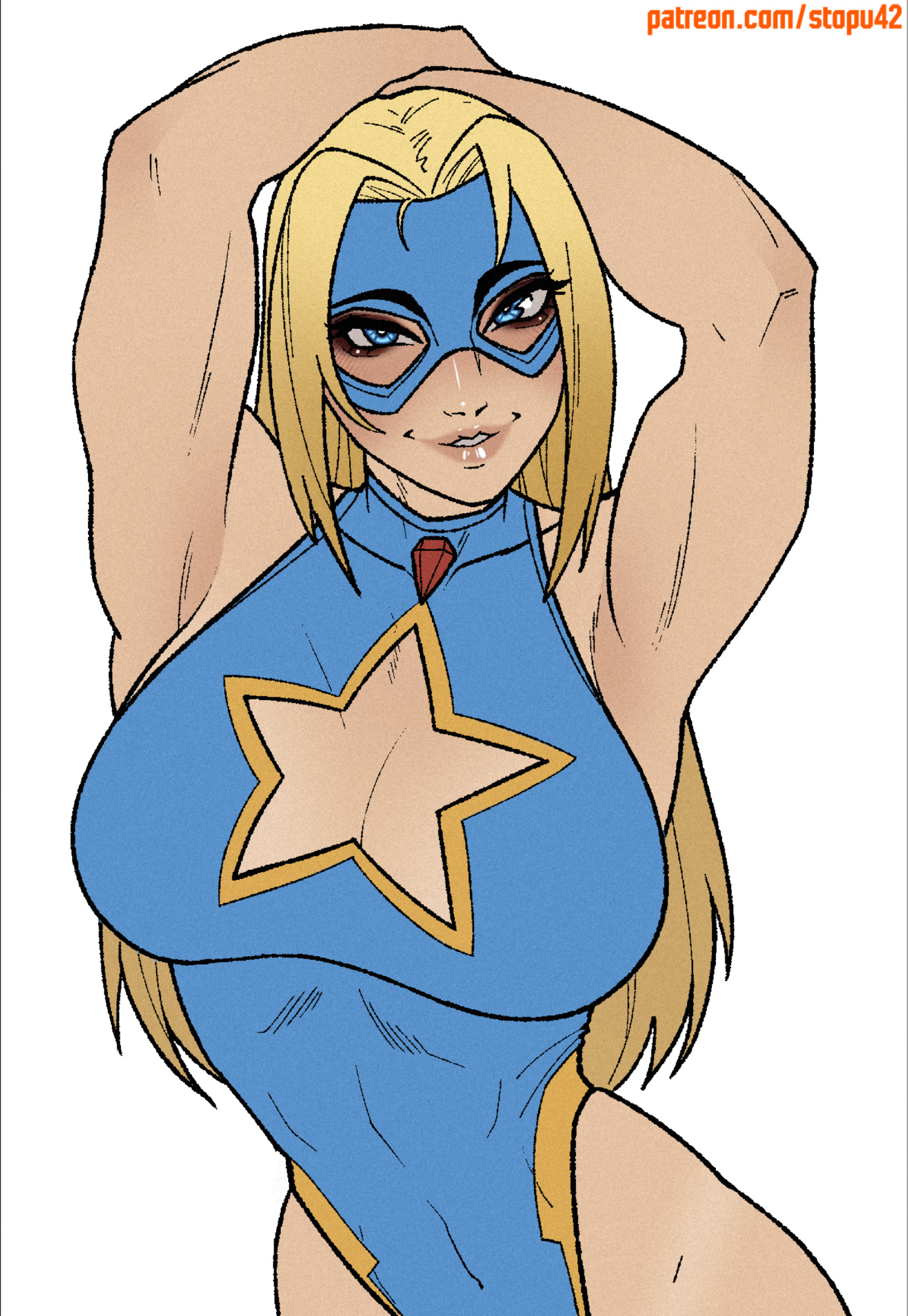 armpits, arms on head, beach blazer, blonde blazer, blonde hair, blue eyes, blue leotard, blue mask, blush, breasts, cleavage, clothing cutout, covered navel, cowboy shot, dispatch (game), eye mask, eyelashes, eyeshadow, female, highleg, highres, large breasts, leotard, lips, long hair, looking at viewer, makeup, mask, nose, one-piece swimsuit, parted lips, sidelocks, smile, solo, star cutout, stopu, swimsuit, toned, toned female
