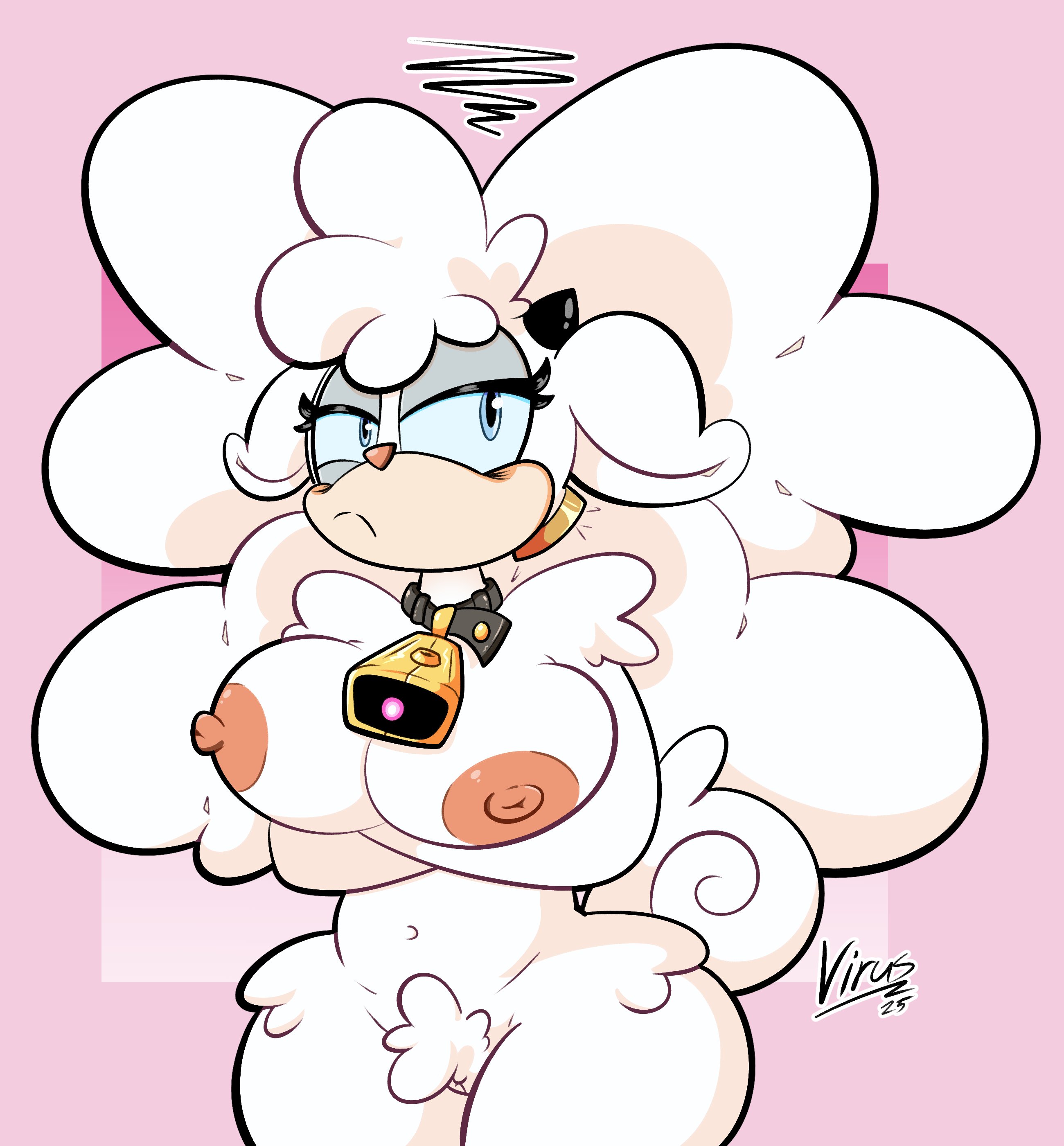 1girls, bell collar, big breasts, female, lanolin the sheep, nude, sheep girl, solo, sonic (series), sonic the hedgehog (series), tagme, virus lewds