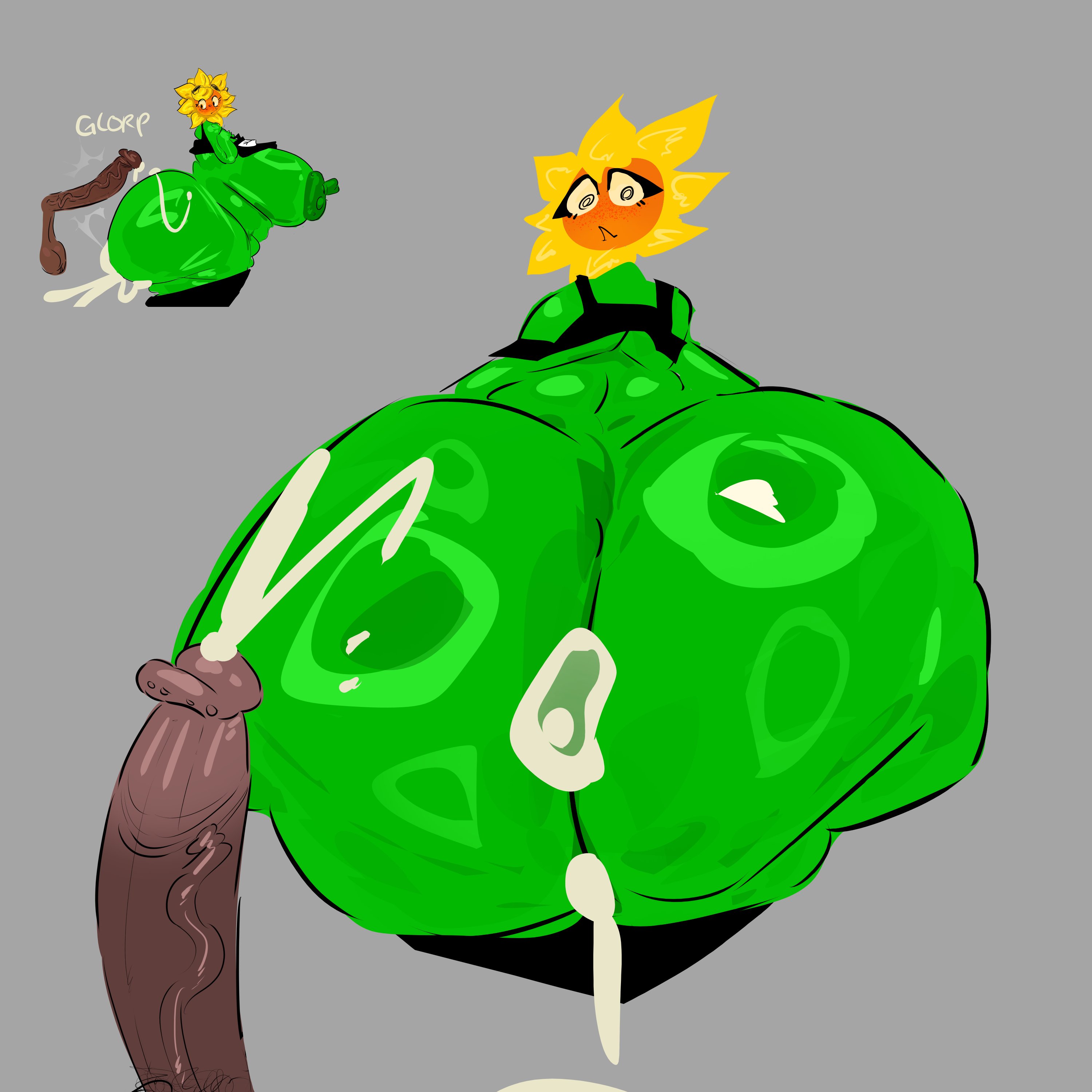 1boy, 1girls, after sex, anthro, anthrofied, ass, breasts, cock, cum, cum inside, cumshot, dark penis, dark skin, dark-skinned male, dick, female, flora fauna, greaseyhair, grey background, partial male, penis, penis on ass, plant, plant girl, plant humanoid, plantie, plants vs zombies, plants vs. zombies, popcap games, pussy, solar flare (pvz), sunflower (pvz), vein, veiny, veiny penis