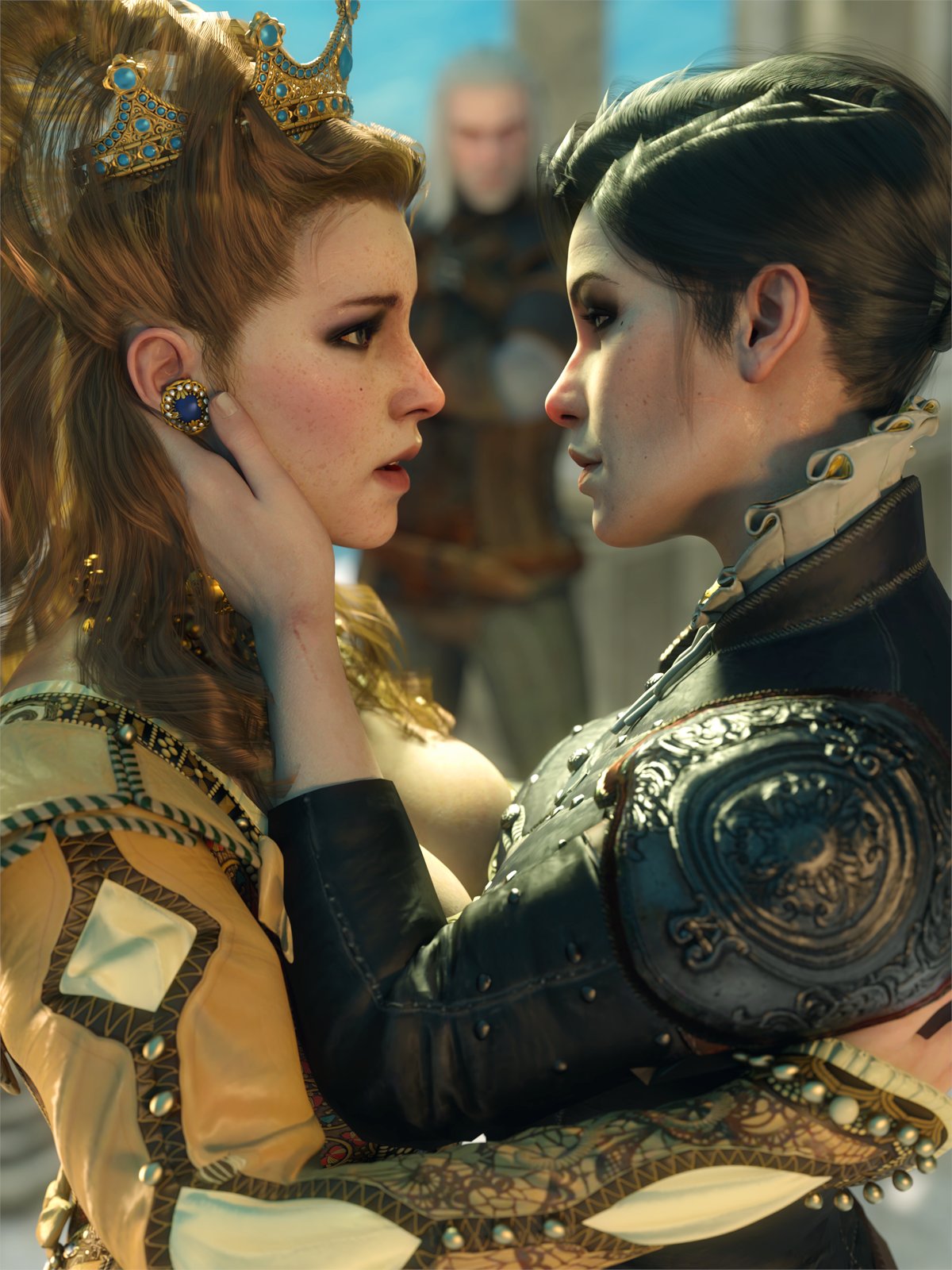 2girls, 3d, anna henrietta, big ass, black hair, blonde hair, breast, breast to breast, cd projekt red, clothing, crown, dress, earrings, female, geralt of rivia, imminent kiss, incest, light skin, light-skinned female, light-skinned male, male, mascara, sisters, syanna, the witcher (series), the witcher 3: wild hunt, word2